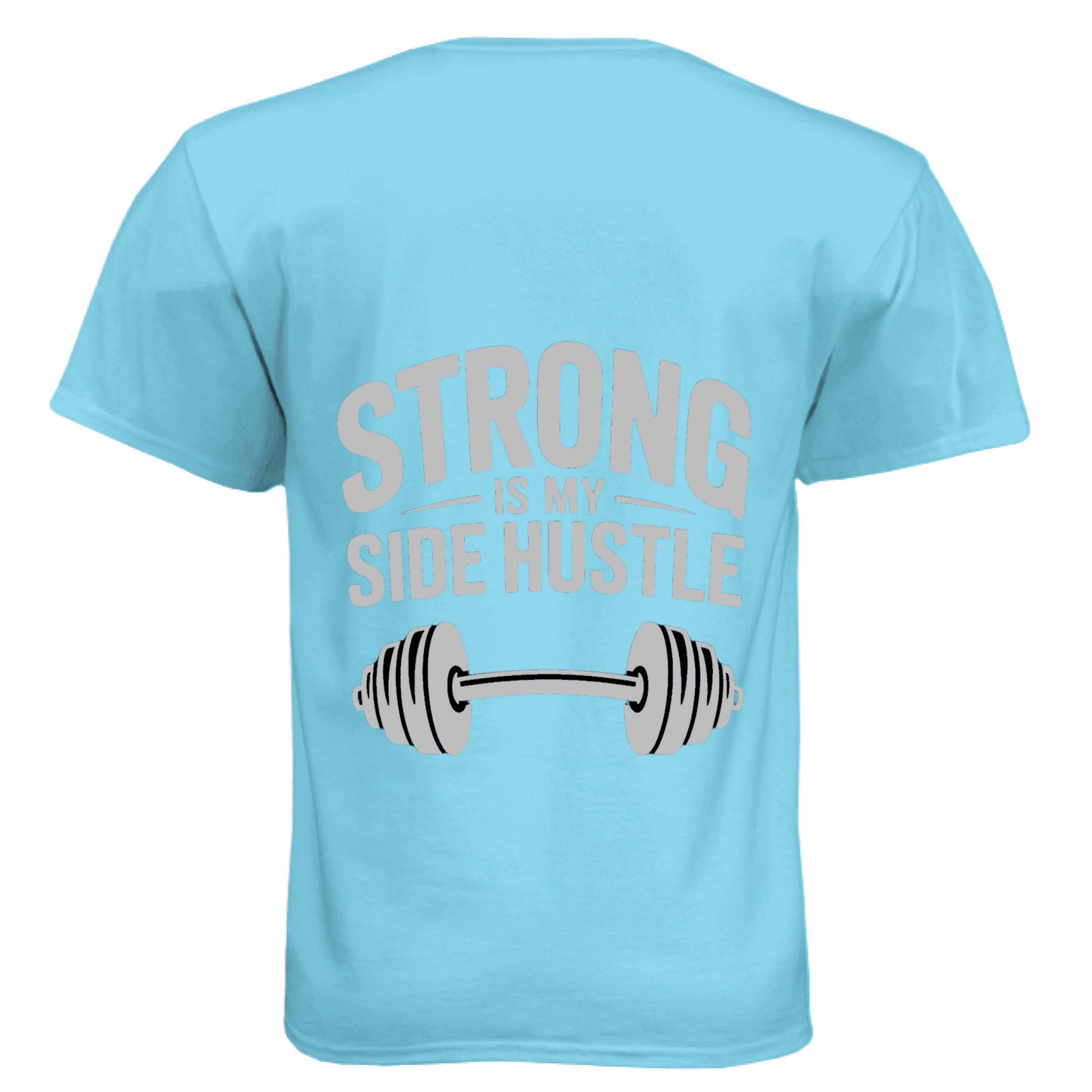 Back view of Strong is My Side Hustle -Men's Soft Tee in blue with barbell graphic.
