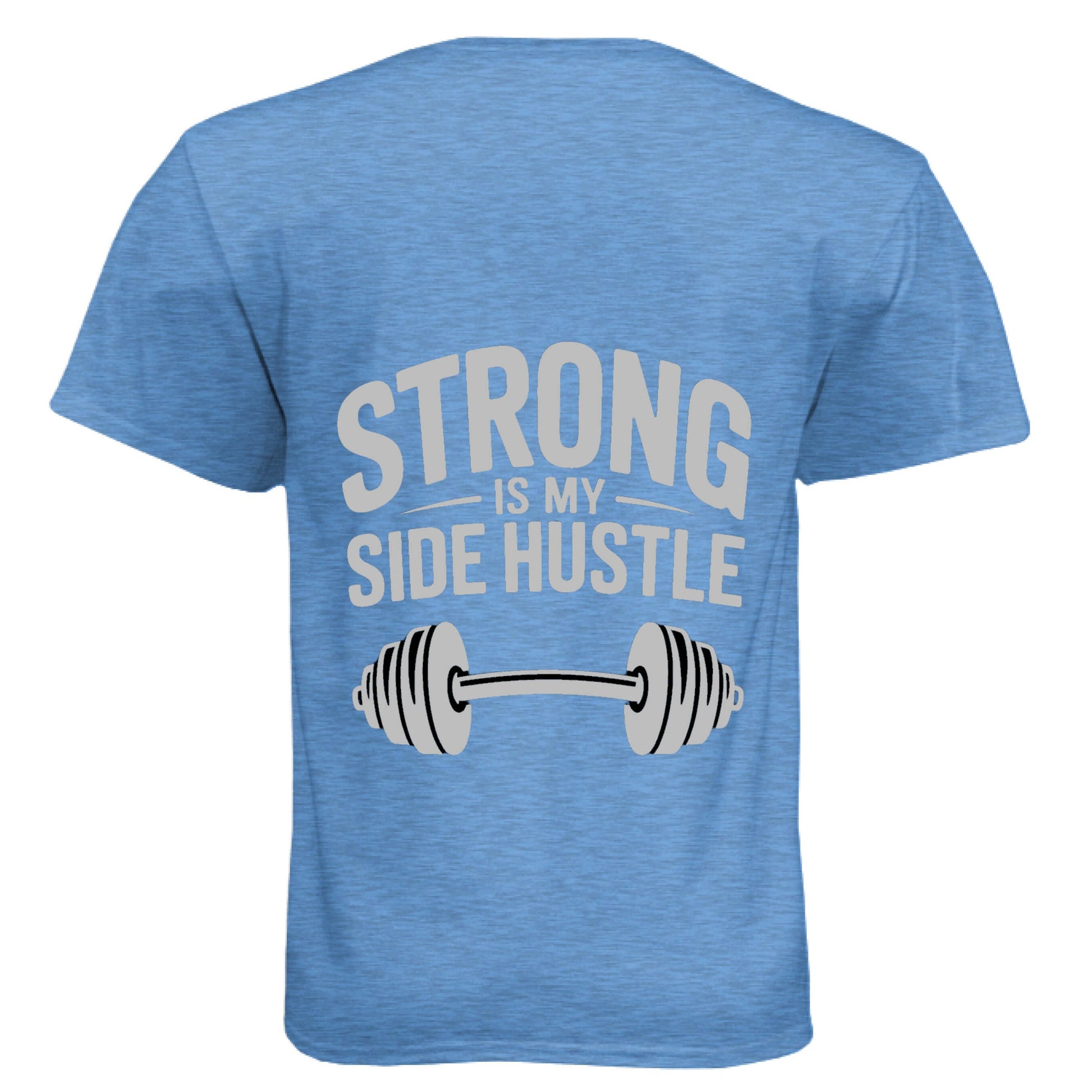 Strong is My Side Hustle -Men's Soft Tee featuring a weightlifting graphic on a blue background.
