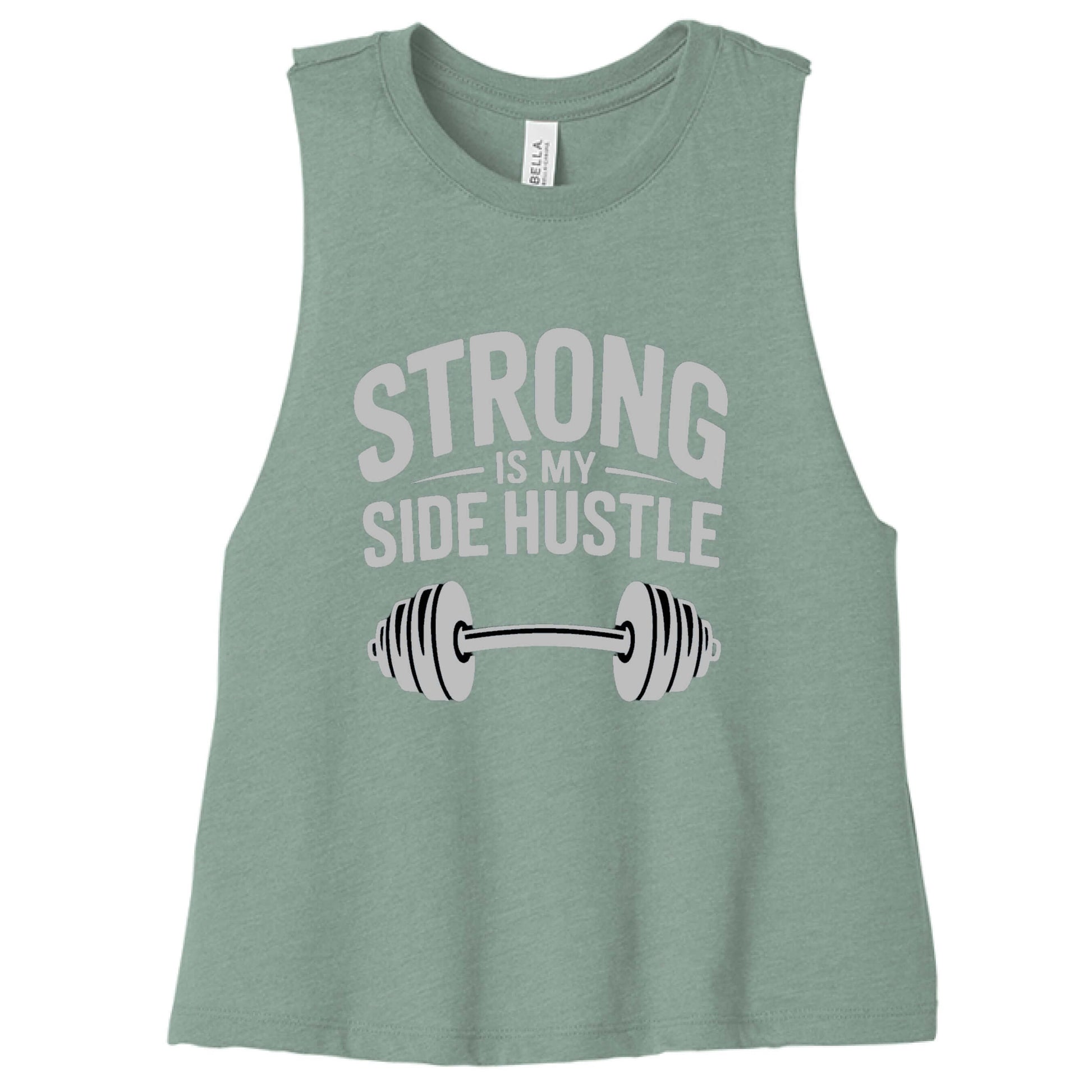 Strong is My Side Hustle - Women's Racerback Tank with a barbell graphic on a green background.