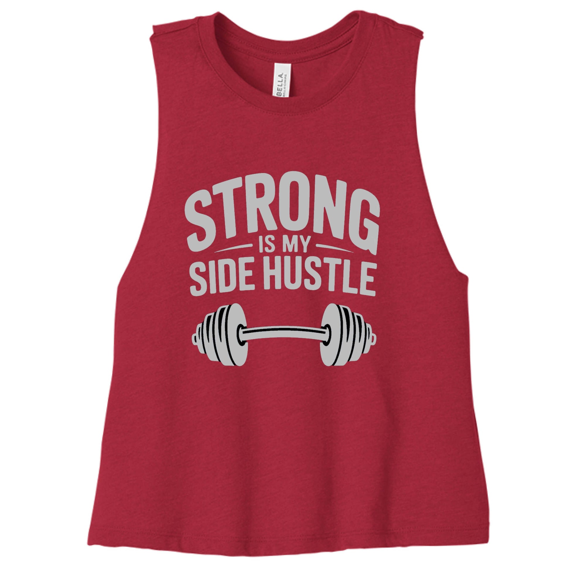Strong is My Side Hustle - Women's Racerback Tank in red with dumbbell graphic design.