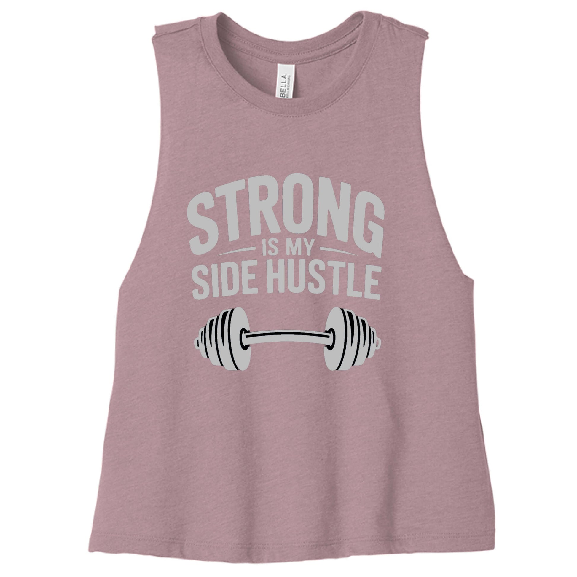 Strong is My Side Hustle - Women's Racerback Tank in mauve color with dumbbell graphic.