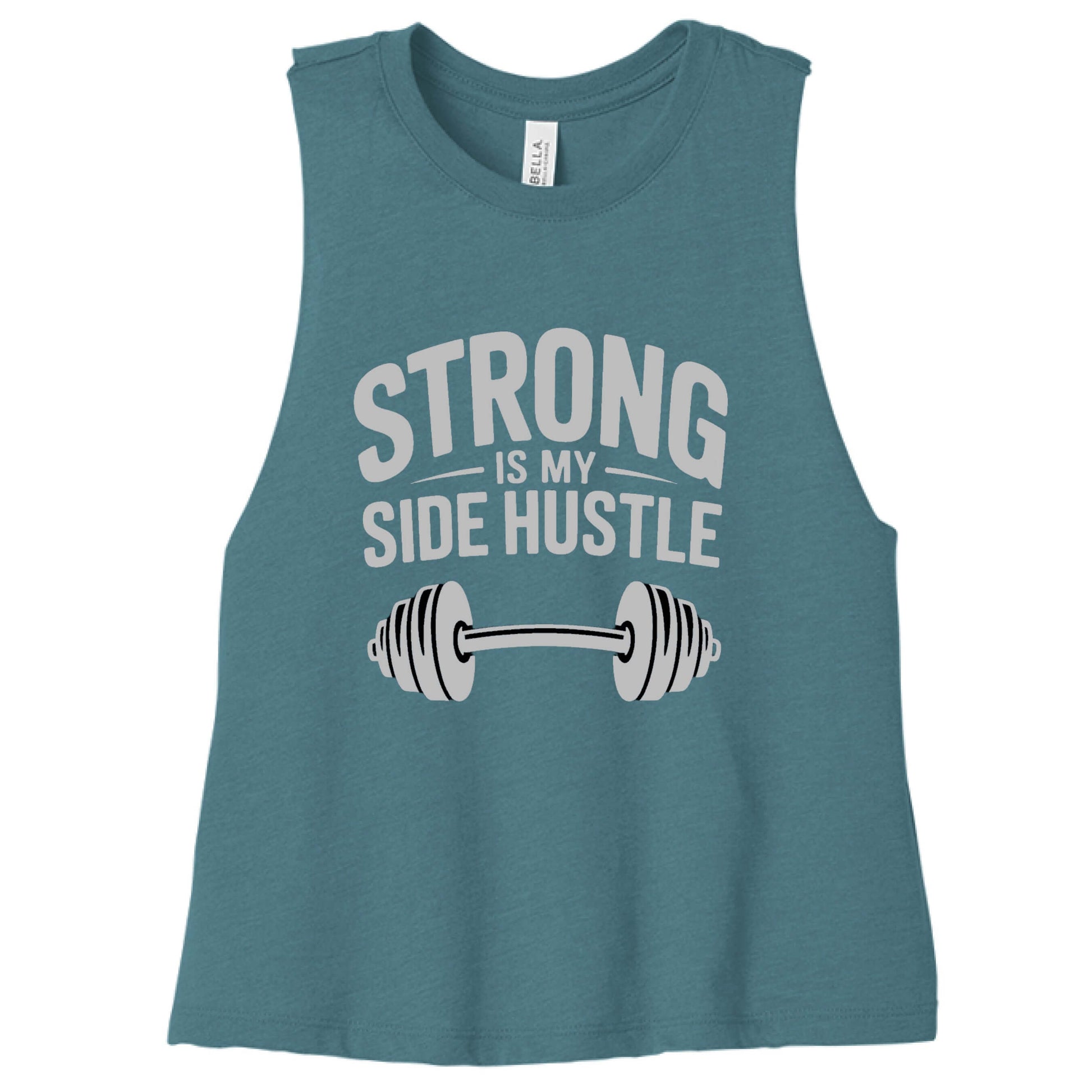 Strong is My Side Hustle - Women's Racerback Tank with barbell graphic in teal color.