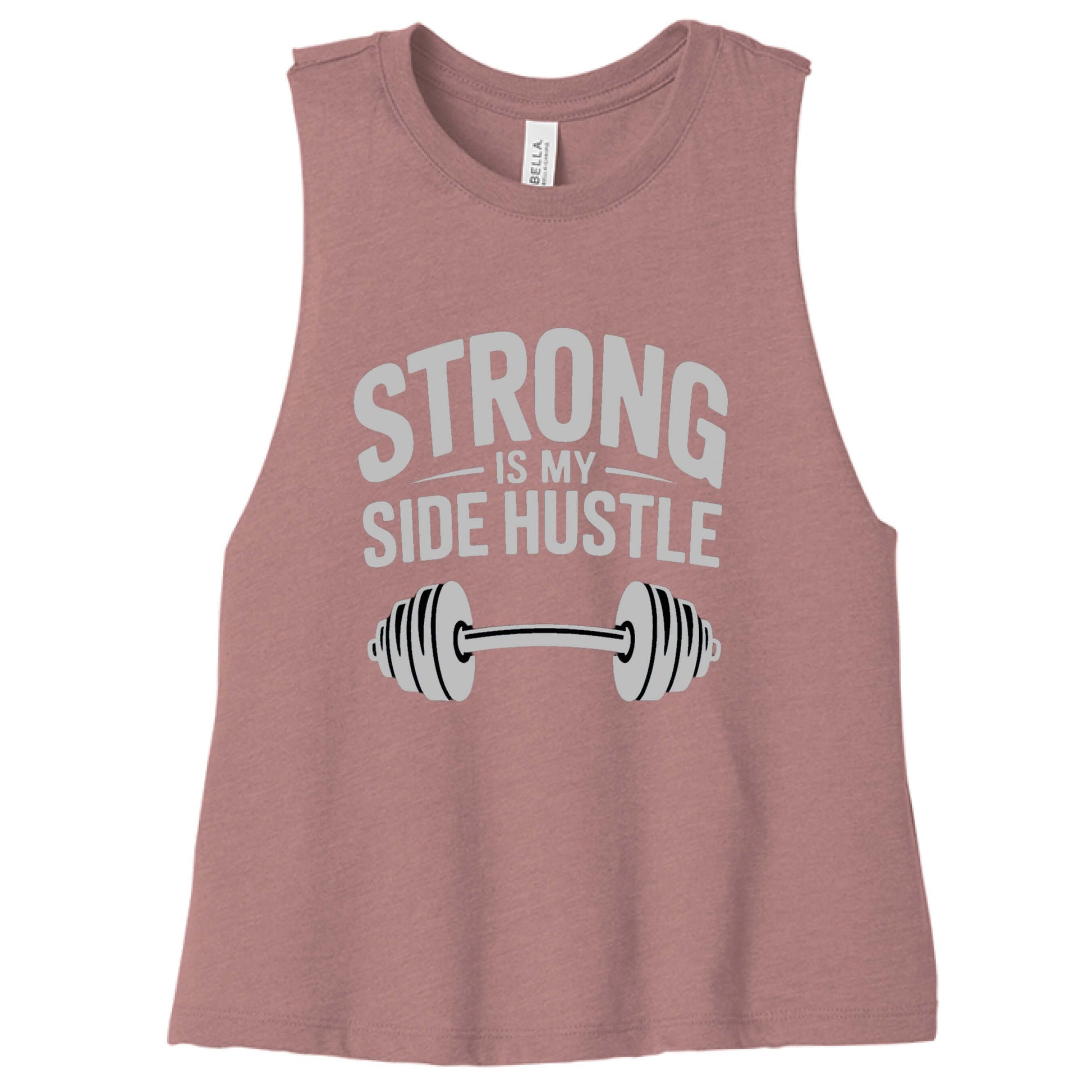 Strong is My Side Hustle - Women's Racerback Tank with barbell design on a cropped pink tank top.