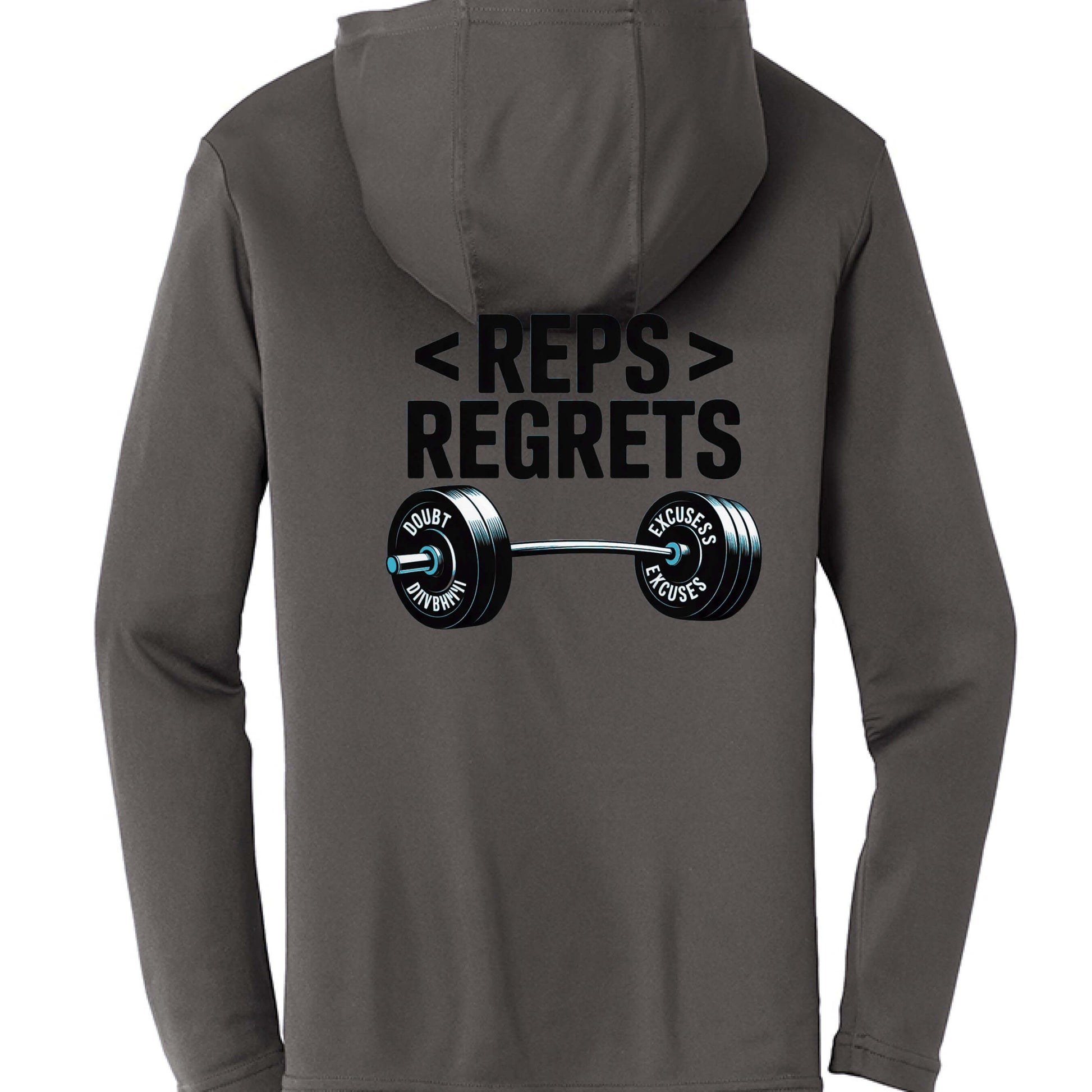 Reps over Regrets Hooded Long Sleeve Tee featuring a weightlifting graphic and motivational text for fitness enthusiasts.