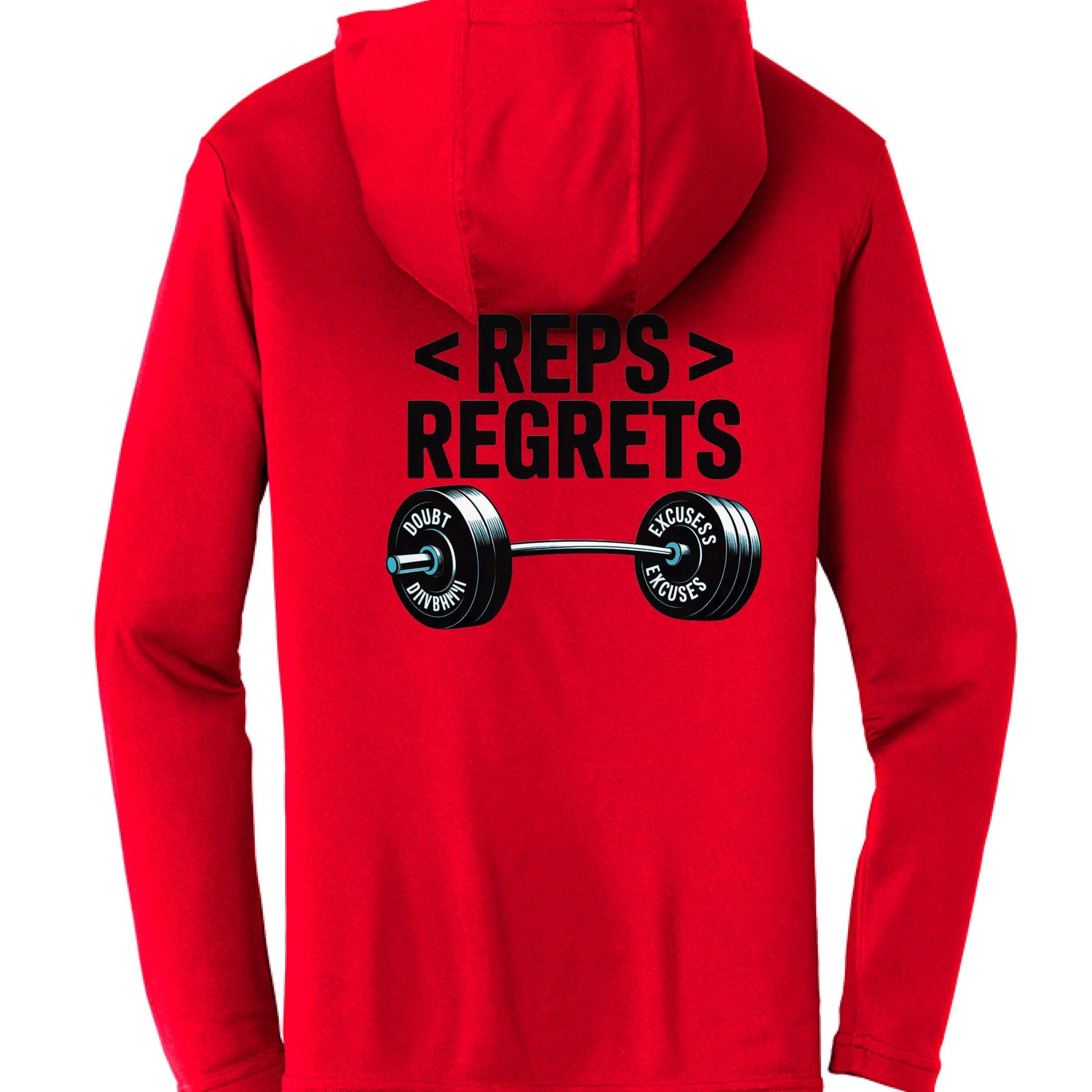 Back view of Reps over Regrets Hooded Long Sleeve Tee in red featuring a barbell graphic and motivational text.
