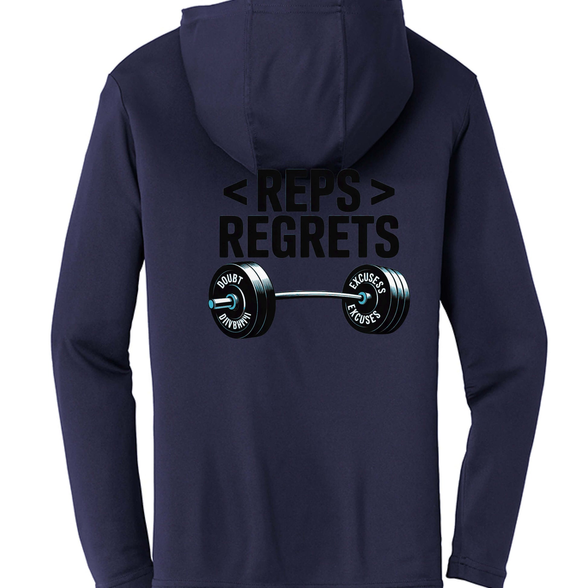 Back view of Reps over Regrets Hooded Long Sleeve Tee featuring a barbell graphic and motivational text.