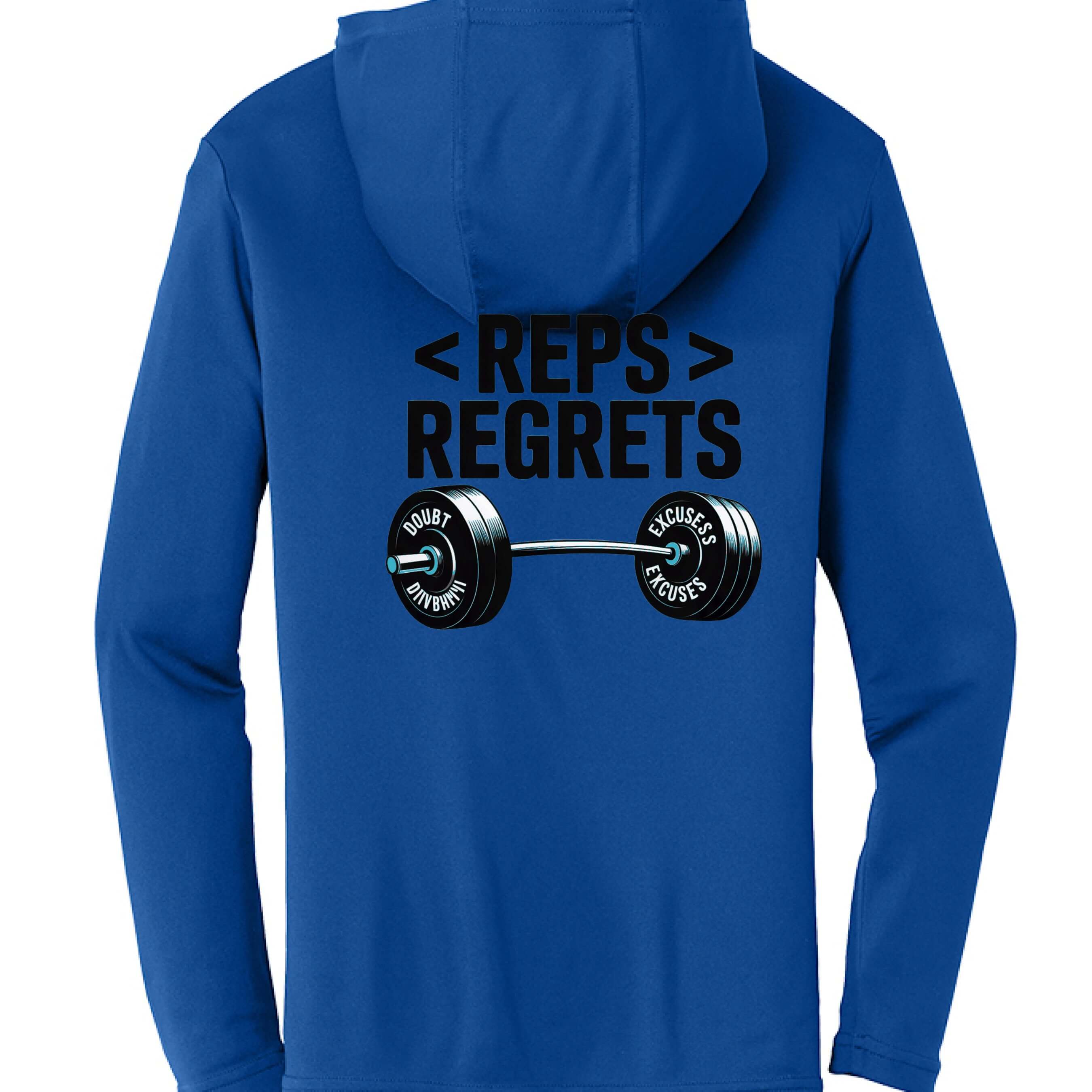 Reps over Regrets Hooded Long Sleeve Tee featuring a barbell graphic and motivational text on the back.