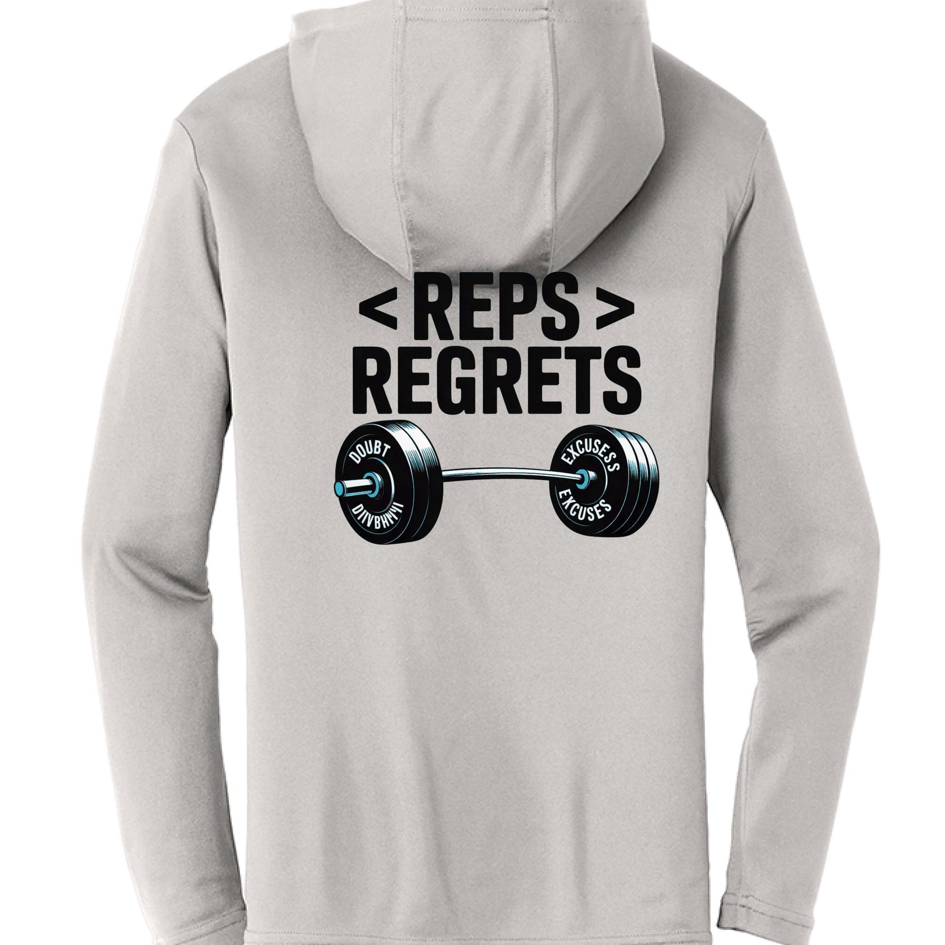 Reps over Regrets Hooded Long Sleeve Tee with barbell design on the back, promoting fitness motivation.
