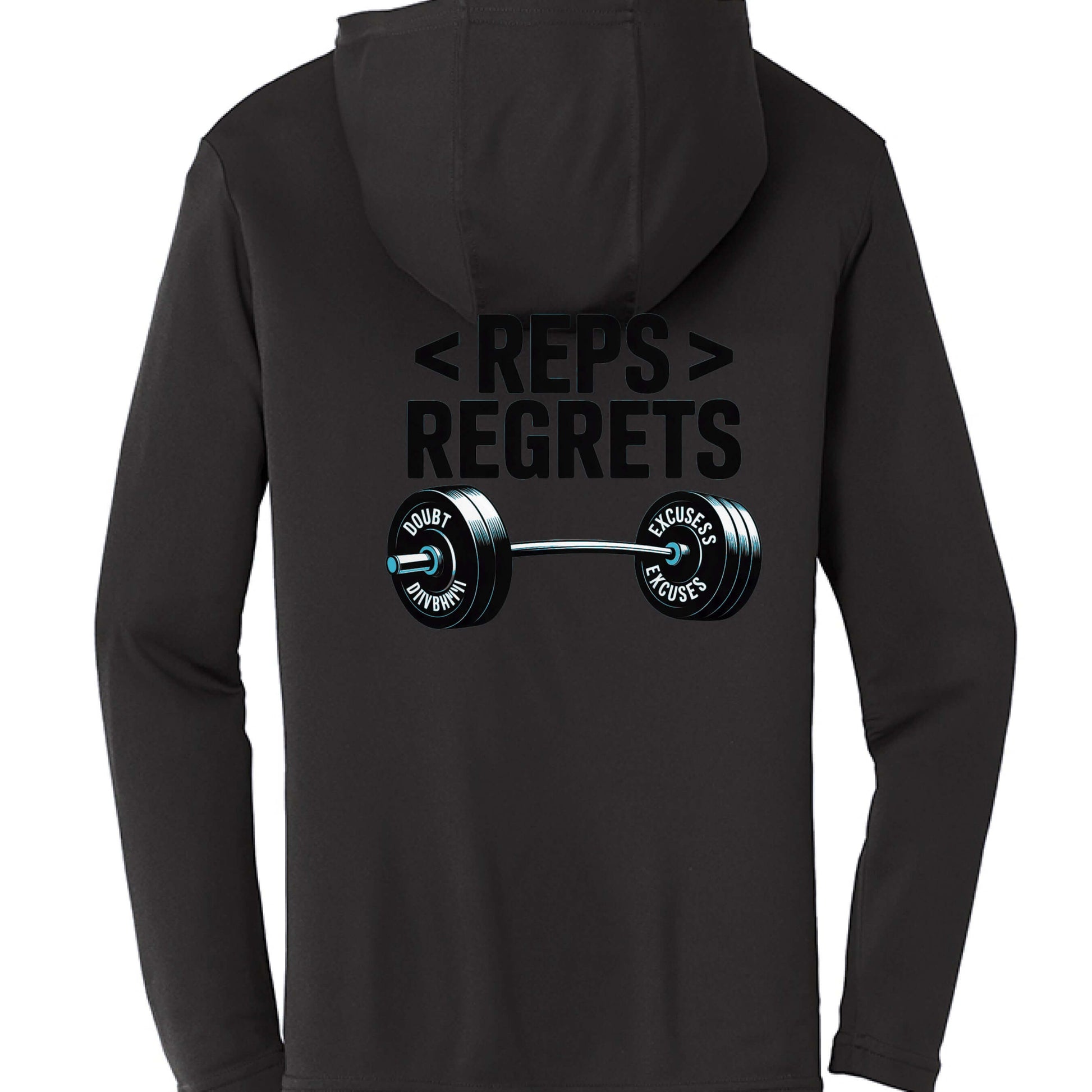 Reps over Regrets Hooded Long Sleeve Tee featuring a barbell graphic and motivational text on the back.