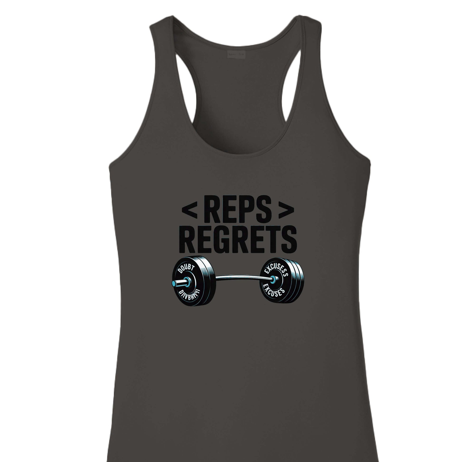 Reps over Regrets Women's Racerback Tank featuring a bold weightlifter design, perfect for workout enthusiasts.