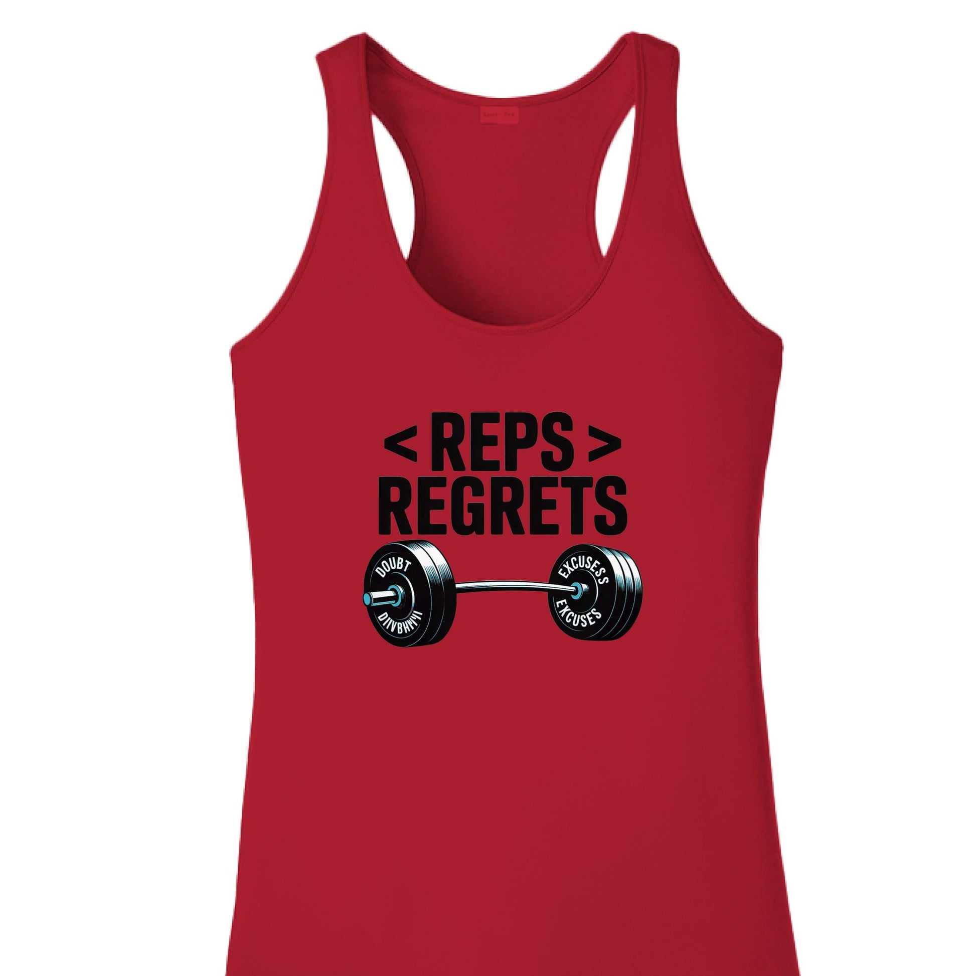 Reps over Regrets Women's Racerback Tank in red with bold graphic and barbell design.
