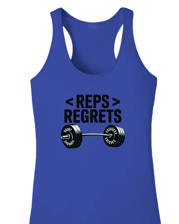 Reps over Regrets Women's Racerback Tank in blue with graphic barbell design and motivational text.