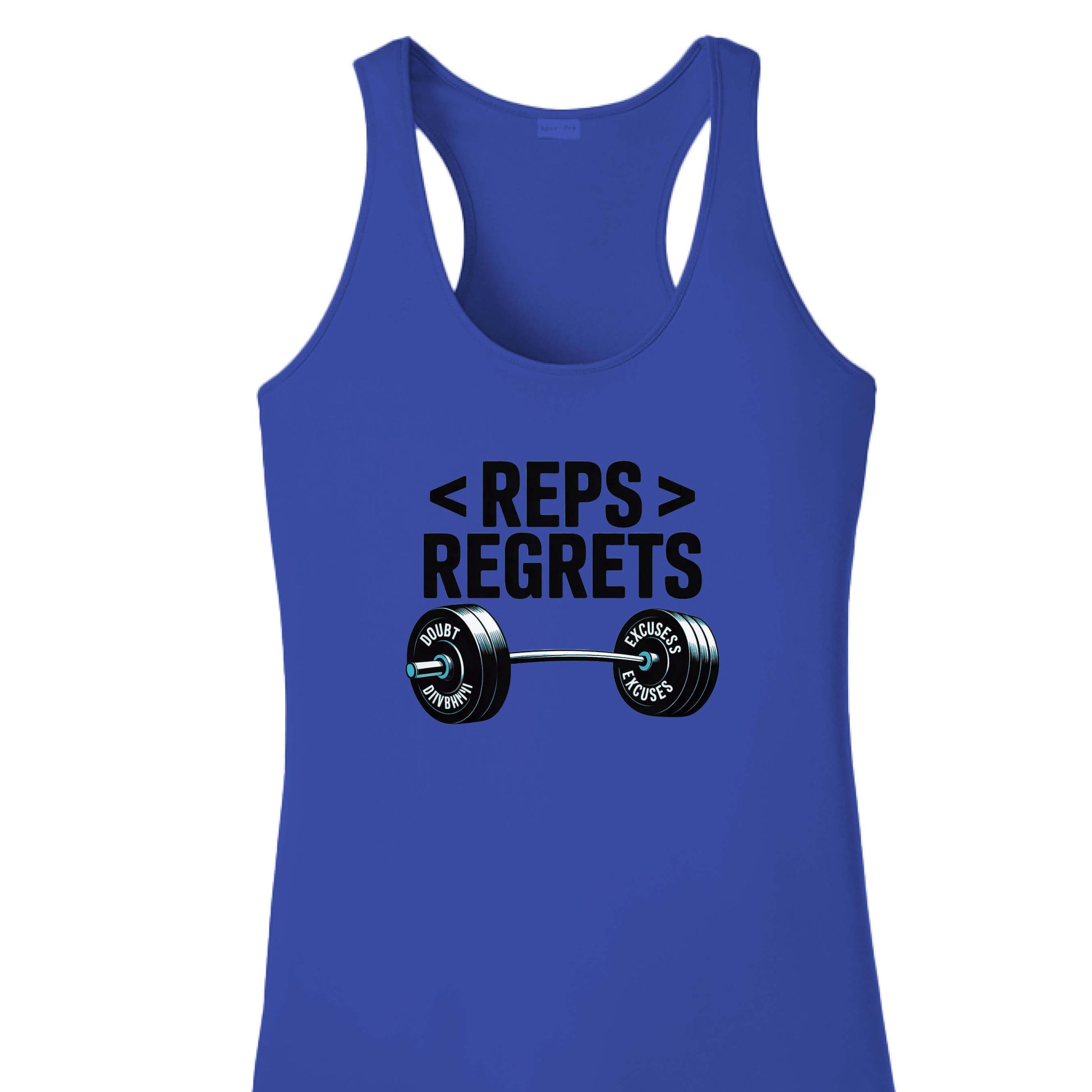 Reps over Regrets Women's Racerback Tank in blue with graphic barbell design and motivational text.