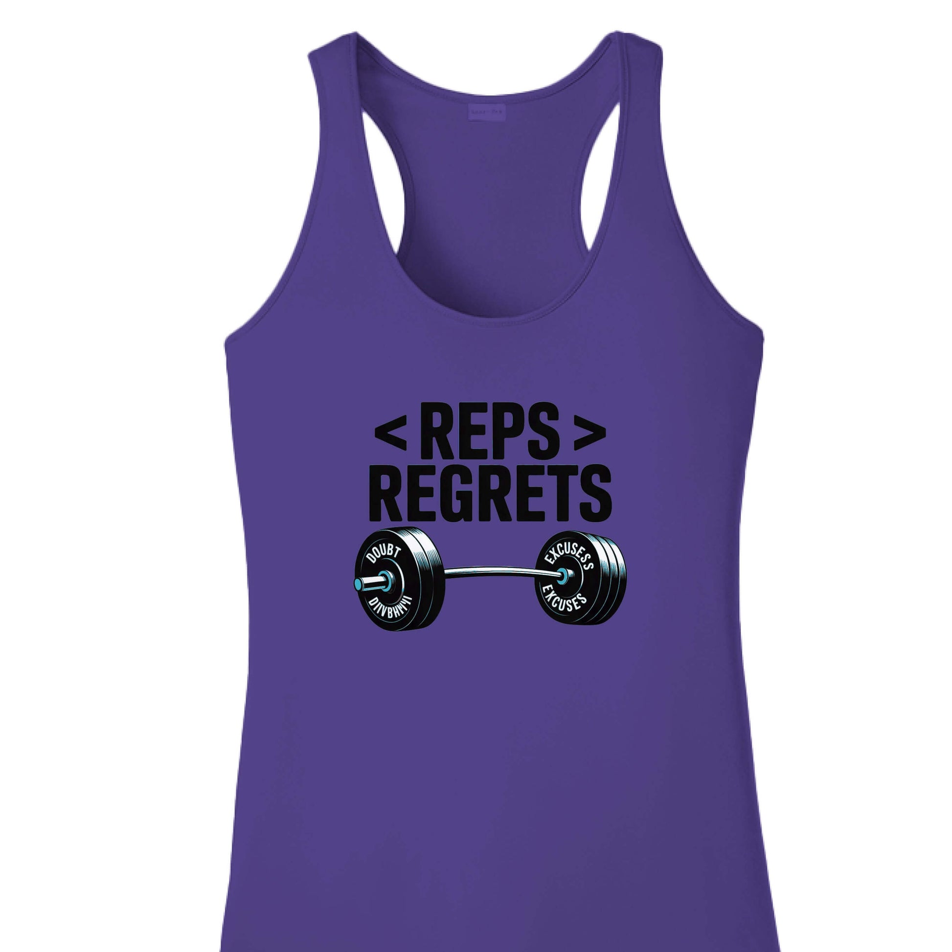 Reps over Regrets Women's Racerback Tank in purple with barbell graphic and motivational text.
