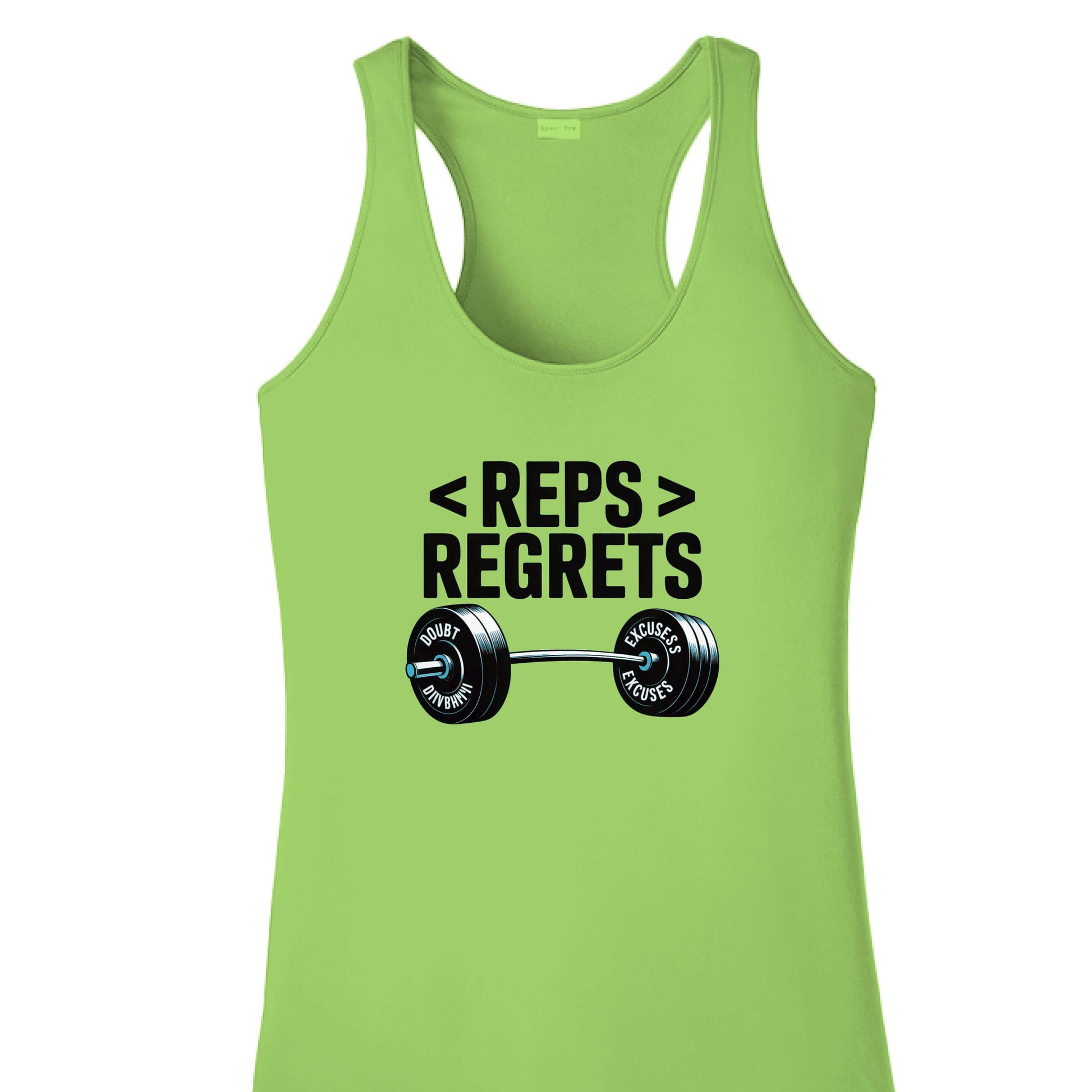 Reps over Regrets Women's Racerback Tank in vibrant green with bold text and barbell graphic.