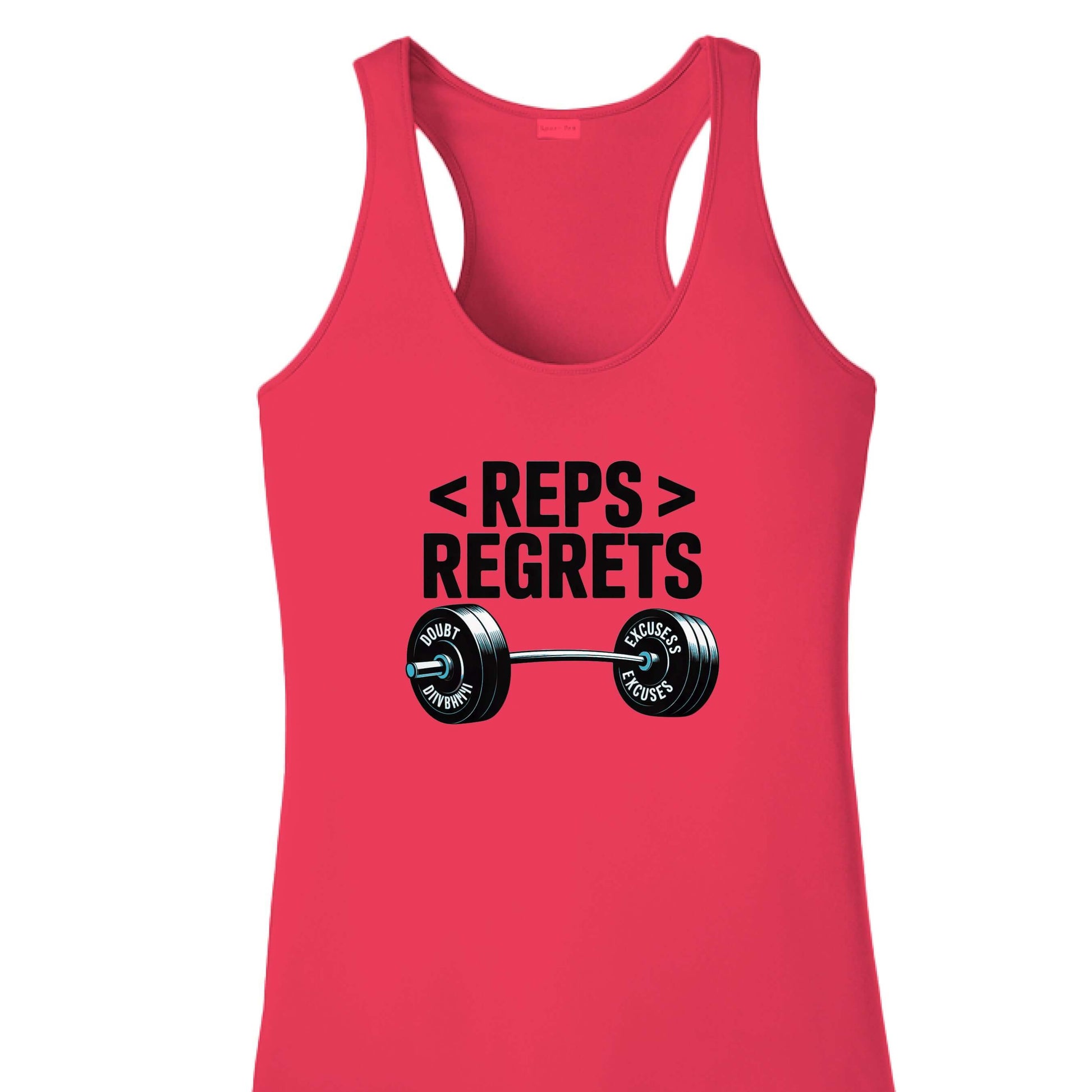 Reps over Regrets Women's Racerback Tank in pink with barbell graphic, emphasizing fitness and motivation.