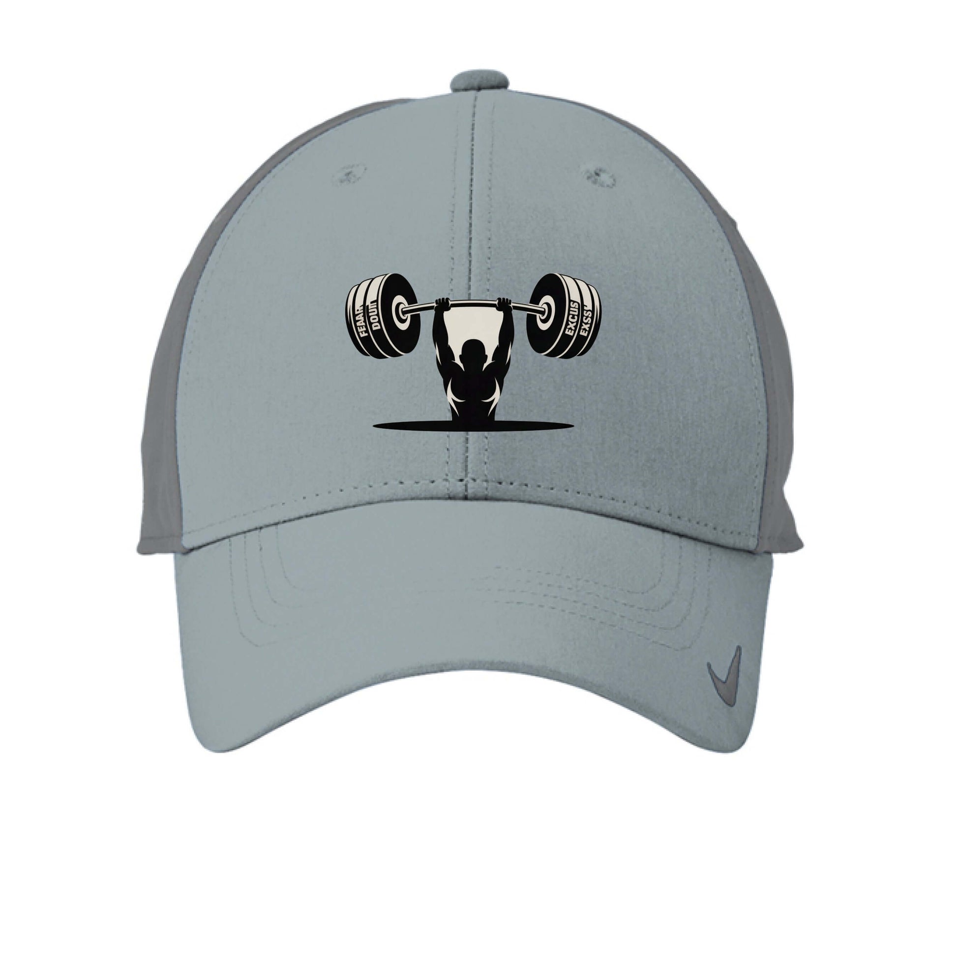 Reps over Regrets Nike Dri-fit Legacy Hat featuring a weightlifter graphic and Nike logo design.