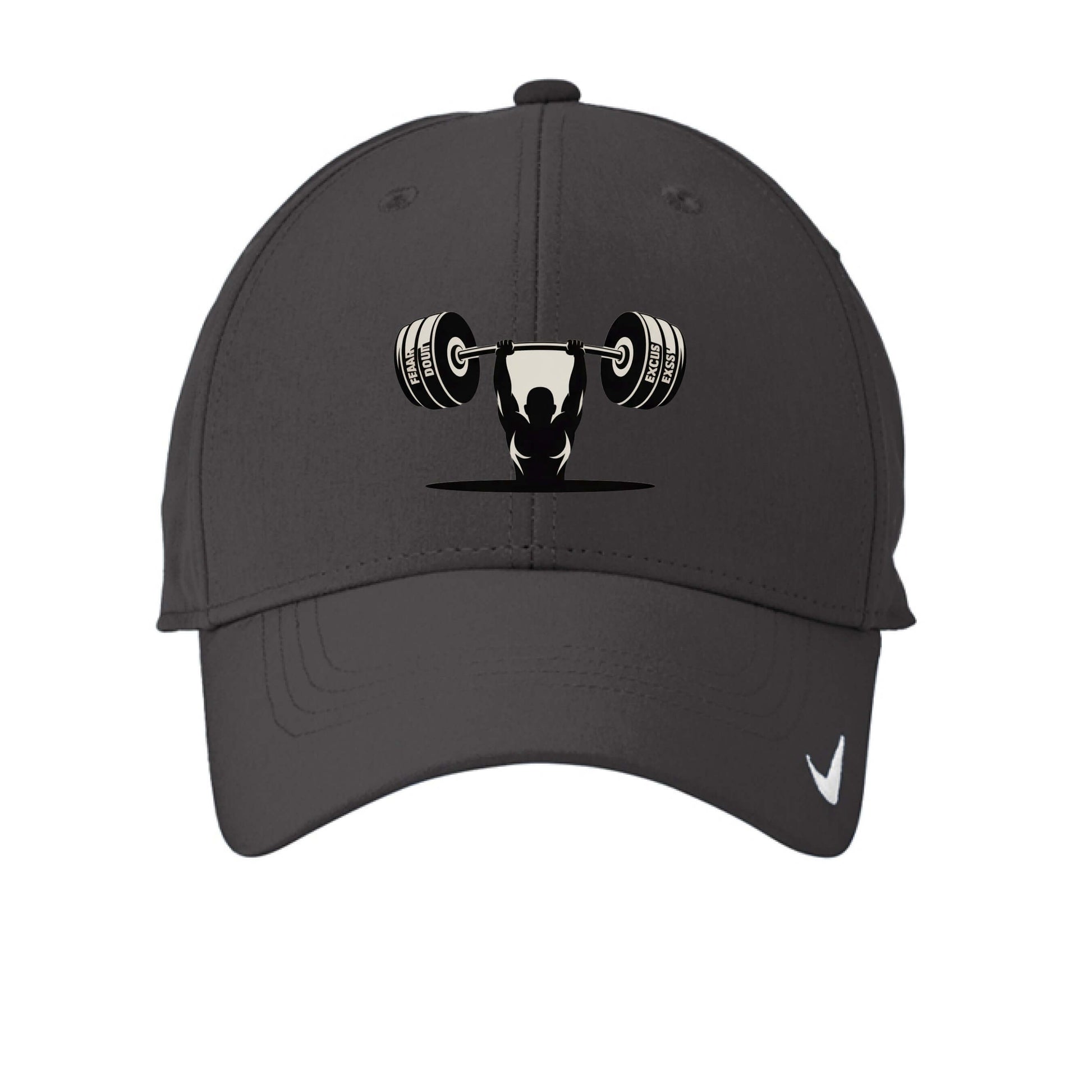 Reps over Regrets Nike Dri-fit Legacy Hat featuring a weightlifting logo and classic Nike design.