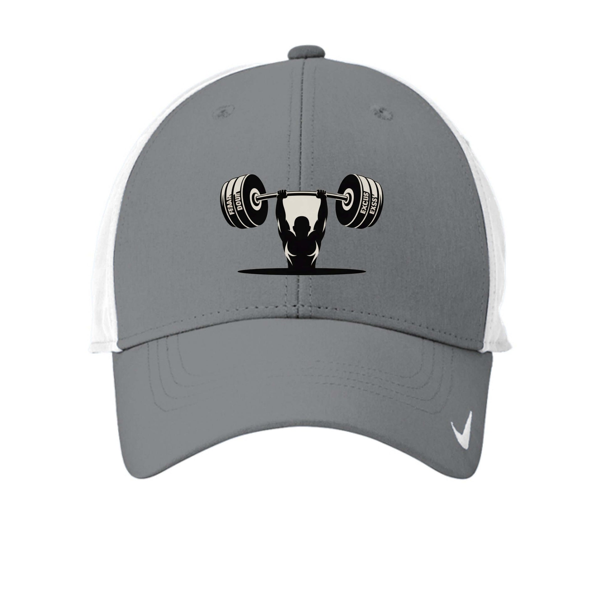 Reps over Regrets Nike Dri-fit Legacy Hat featuring a weightlifting design on a gray cap.