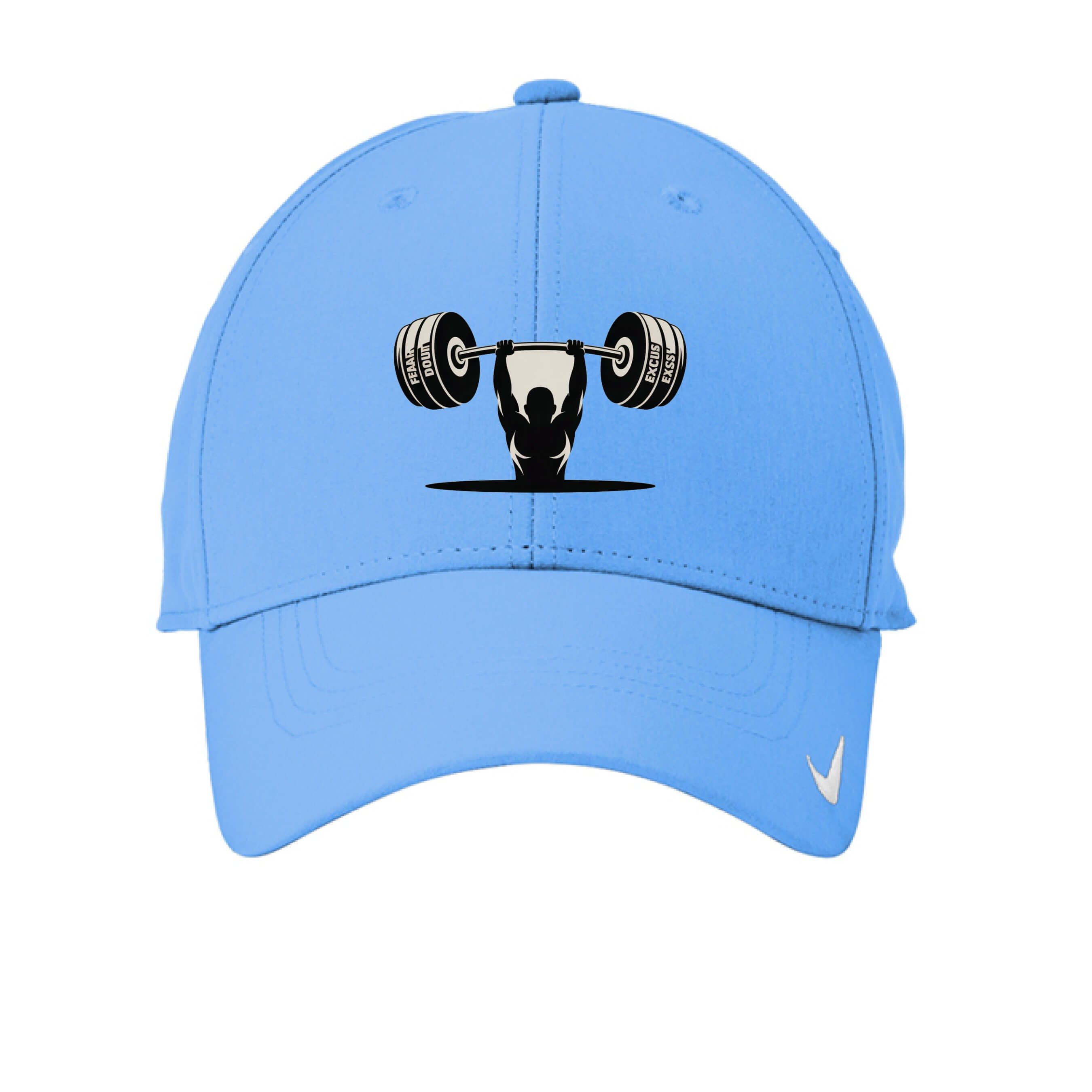 Reps over Regrets Nike Dri-fit Legacy Hat in blue with barbell graphic and Nike logo, perfect for workout enthusiasts.