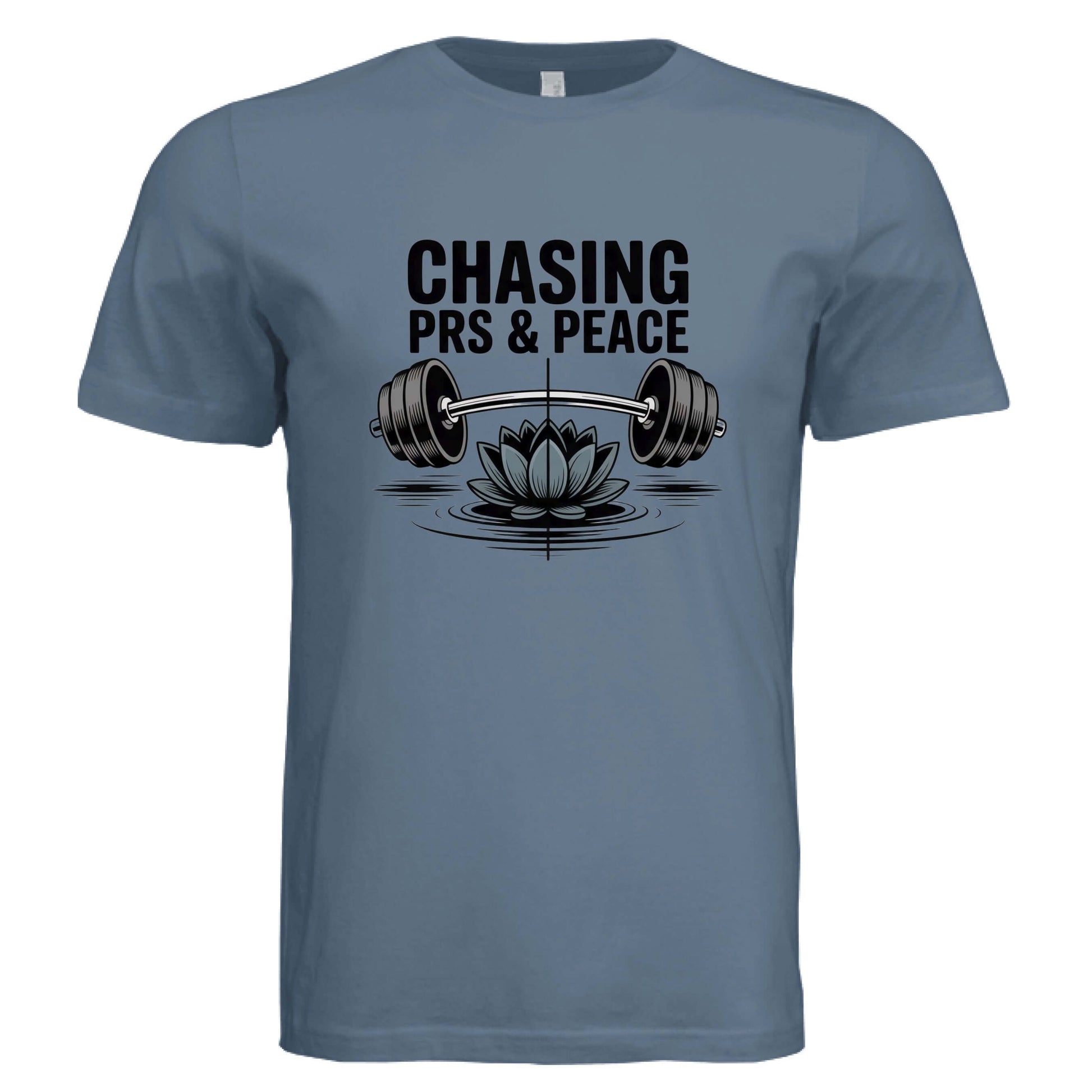 Chasing PR's and Peace Unisex T-Shirt featuring a barbell and lotus design