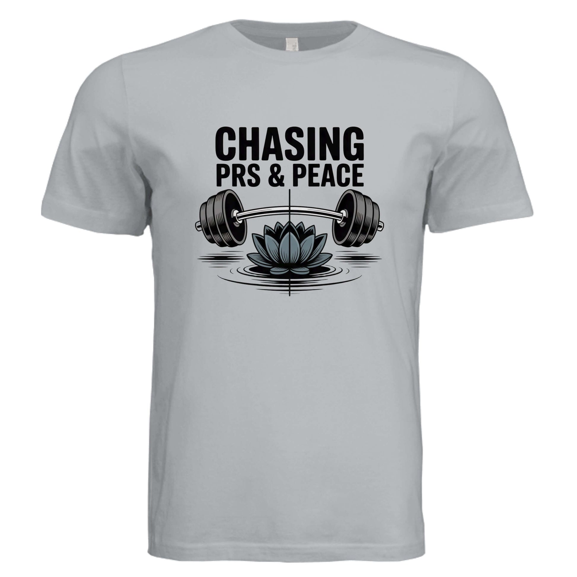Chasing PR's and Peace Unisex T-Shirt featuring a lotus design with a barbell, perfect for fitness and peace seekers.