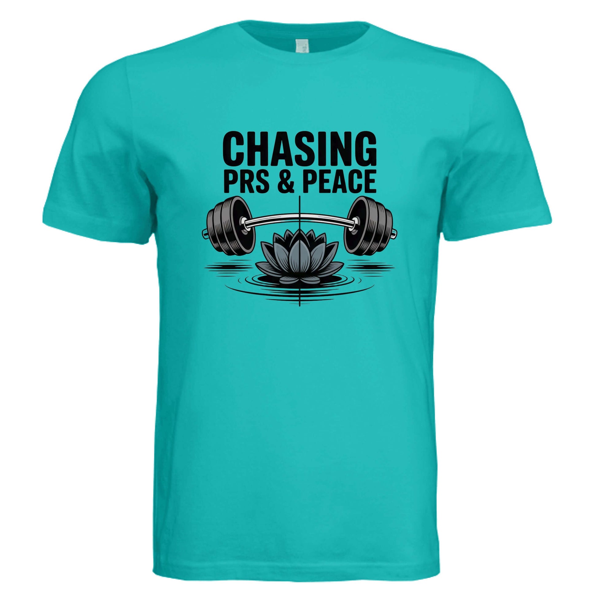 Chasing PR's and Peace Unisex T-Shirt featuring a weight barbell and lotus design on a turquoise background.