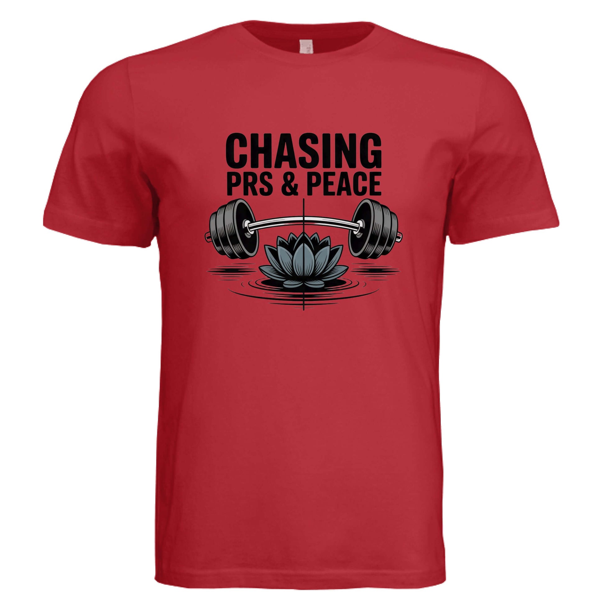 Chasing PR's and Peace Unisex T-Shirt in red featuring a lotus flower and barbell design.