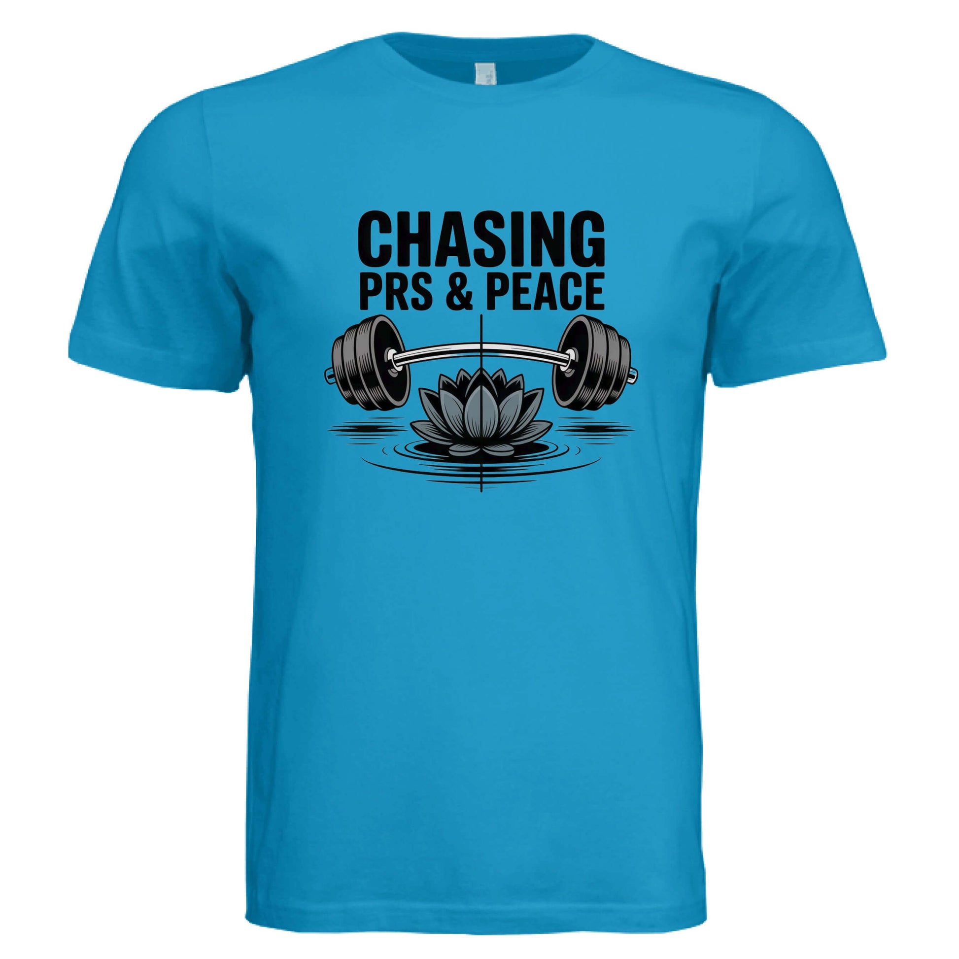 Chasing PR's and Peace Unisex T-Shirt in bright blue featuring a lotus and barbell graphic.
