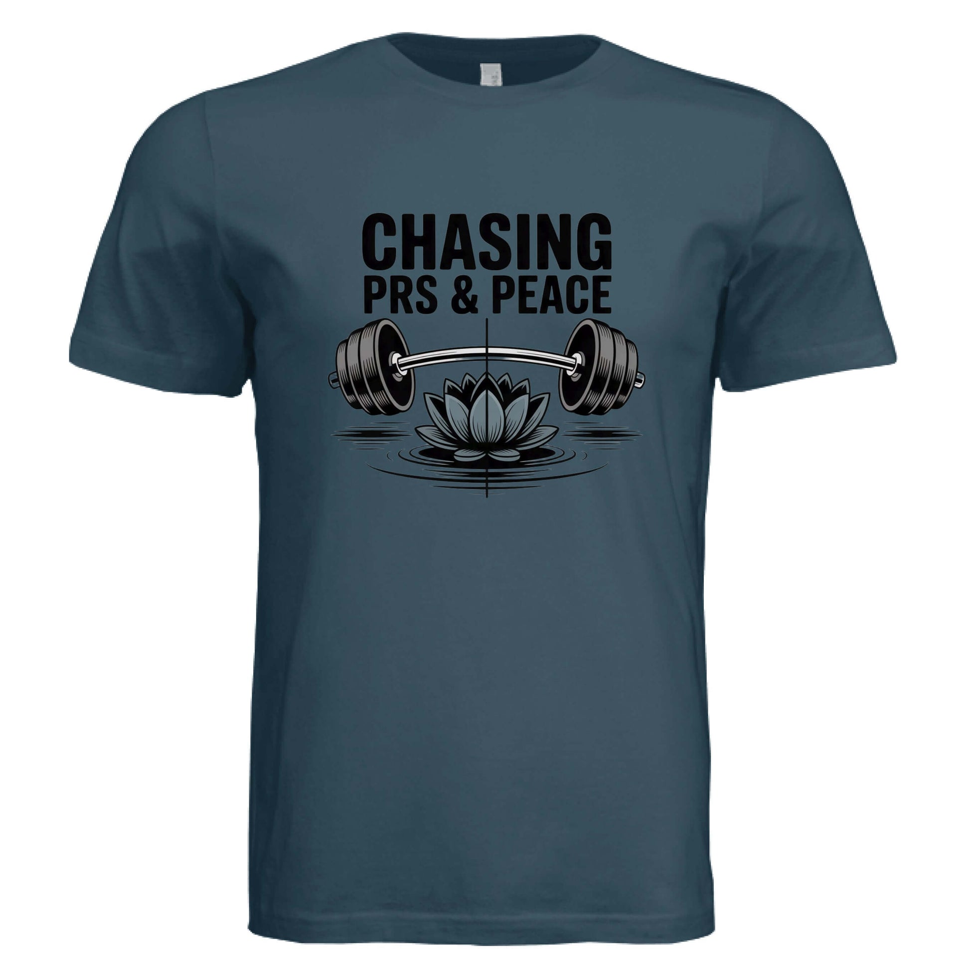 Chasing PR's and Peace Unisex T-Shirt featuring a barbell and lotus design on a blue short-sleeve t-shirt.
