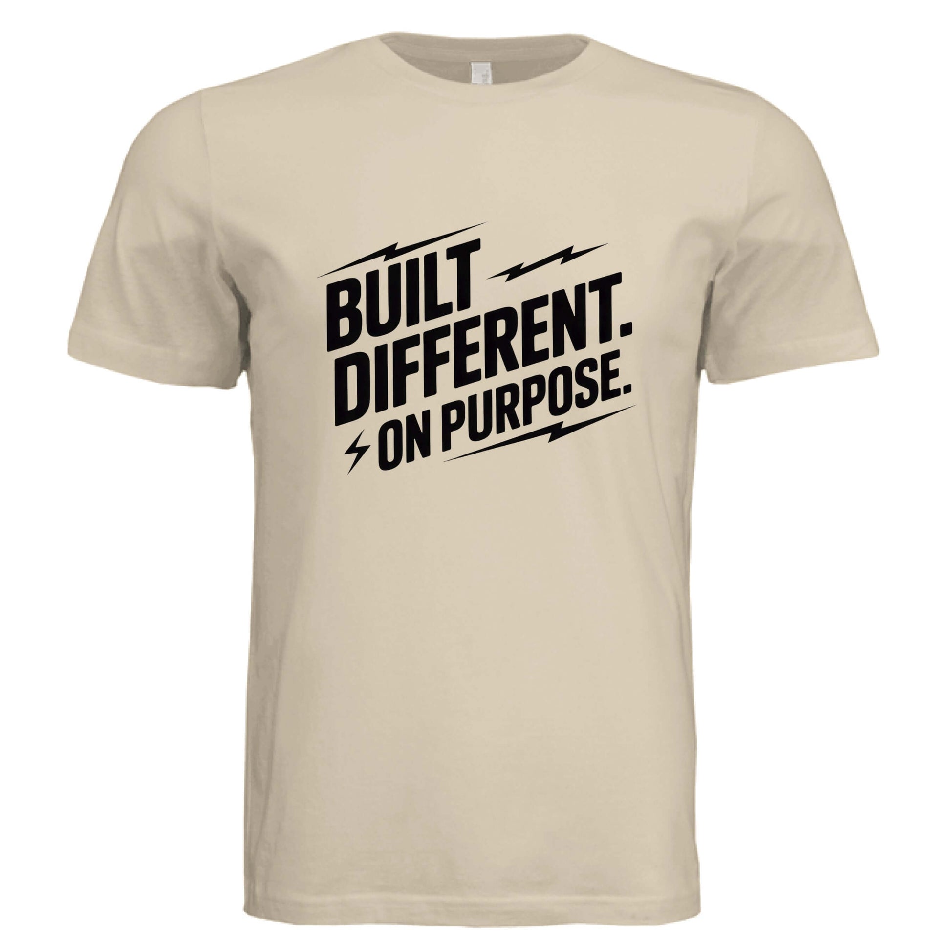 Built Different On Purpose Unisex T-Shirt in beige with bold black lettering.