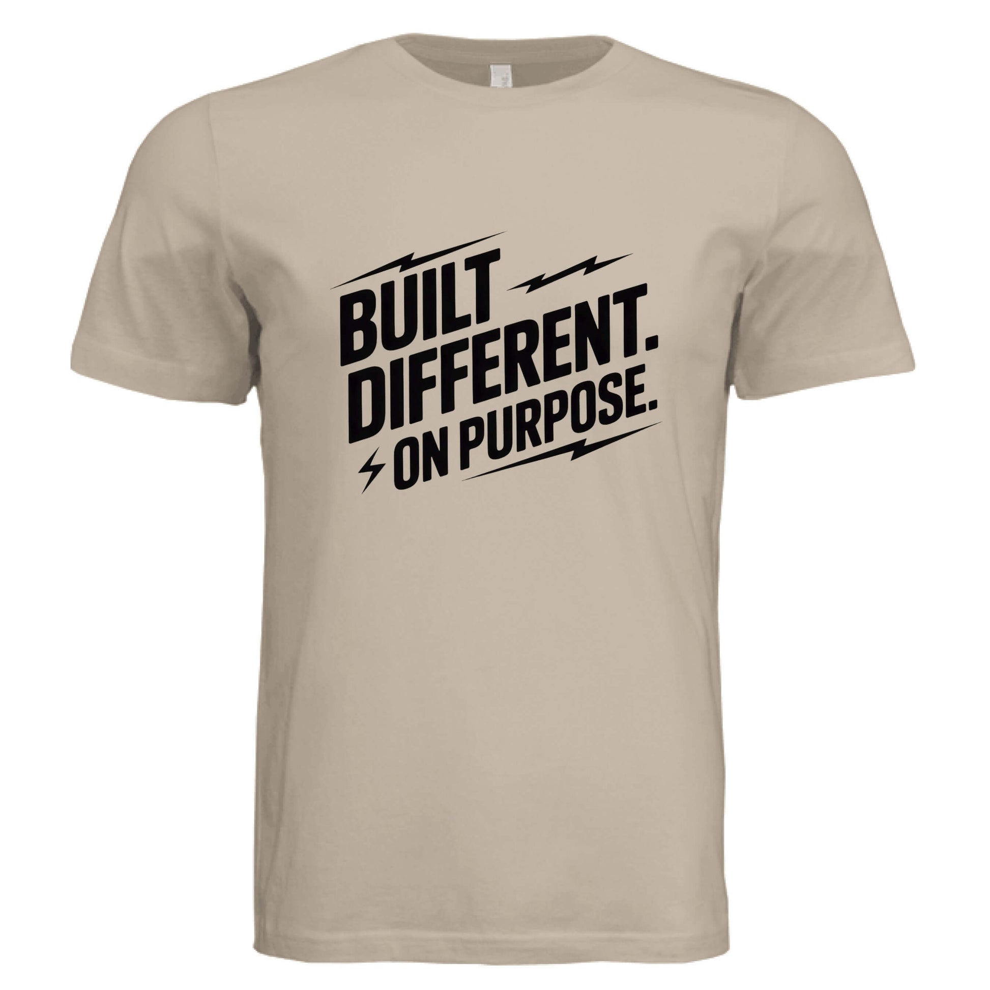 Built Different On Purpose Unisex T-Shirt in beige color featuring bold black text design.