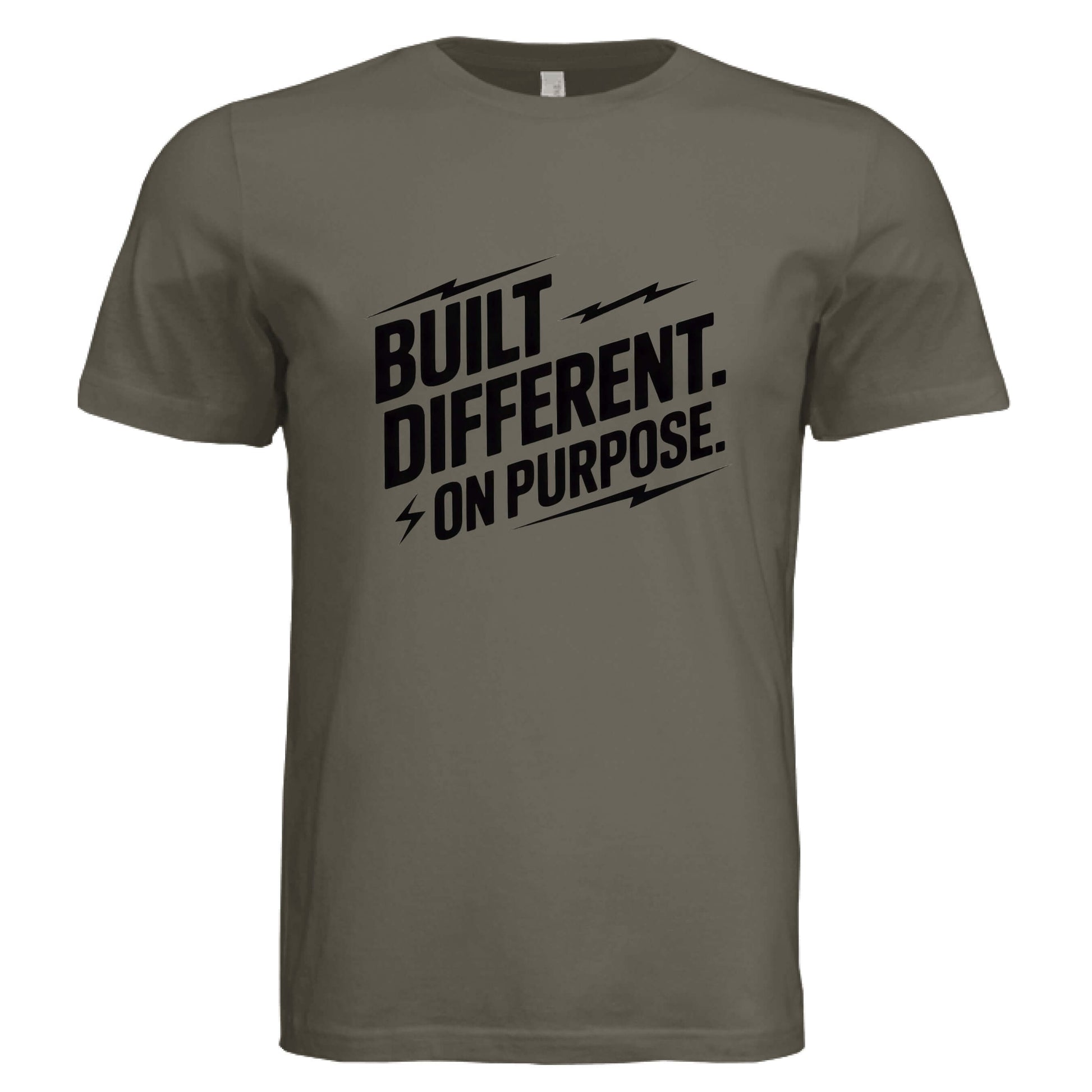 Built Different On Purpose Unisex T-Shirt in olive green with bold black lettering.