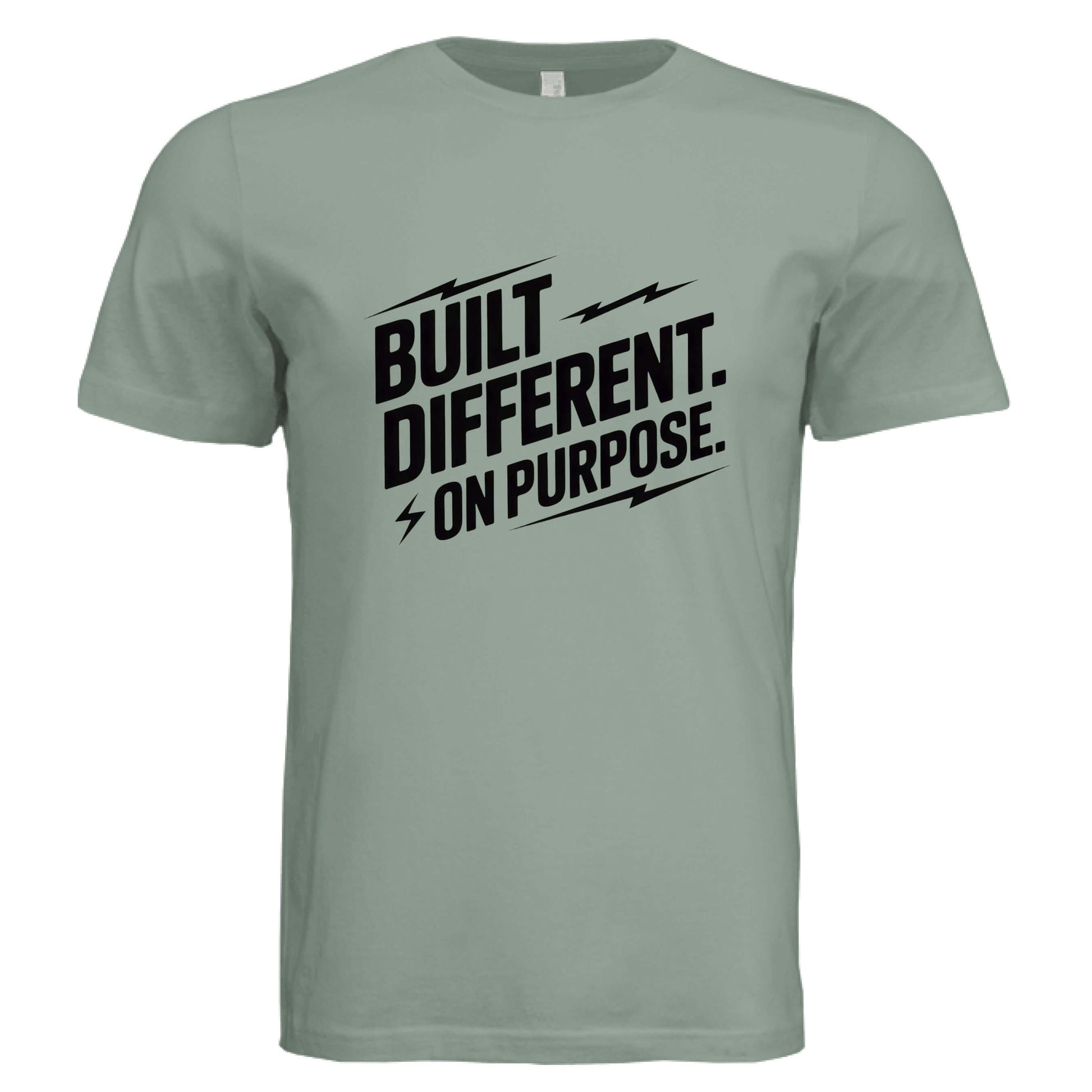 Built Different On Purpose Unisex T-Shirt on a green background, featuring bold graphic text design.