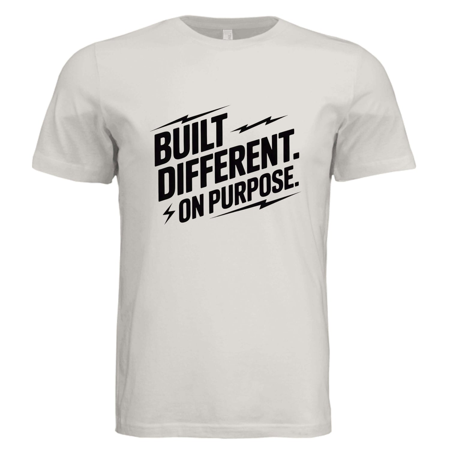 Built Different On Purpose Unisex T-Shirt featuring bold graphic text on a light background.