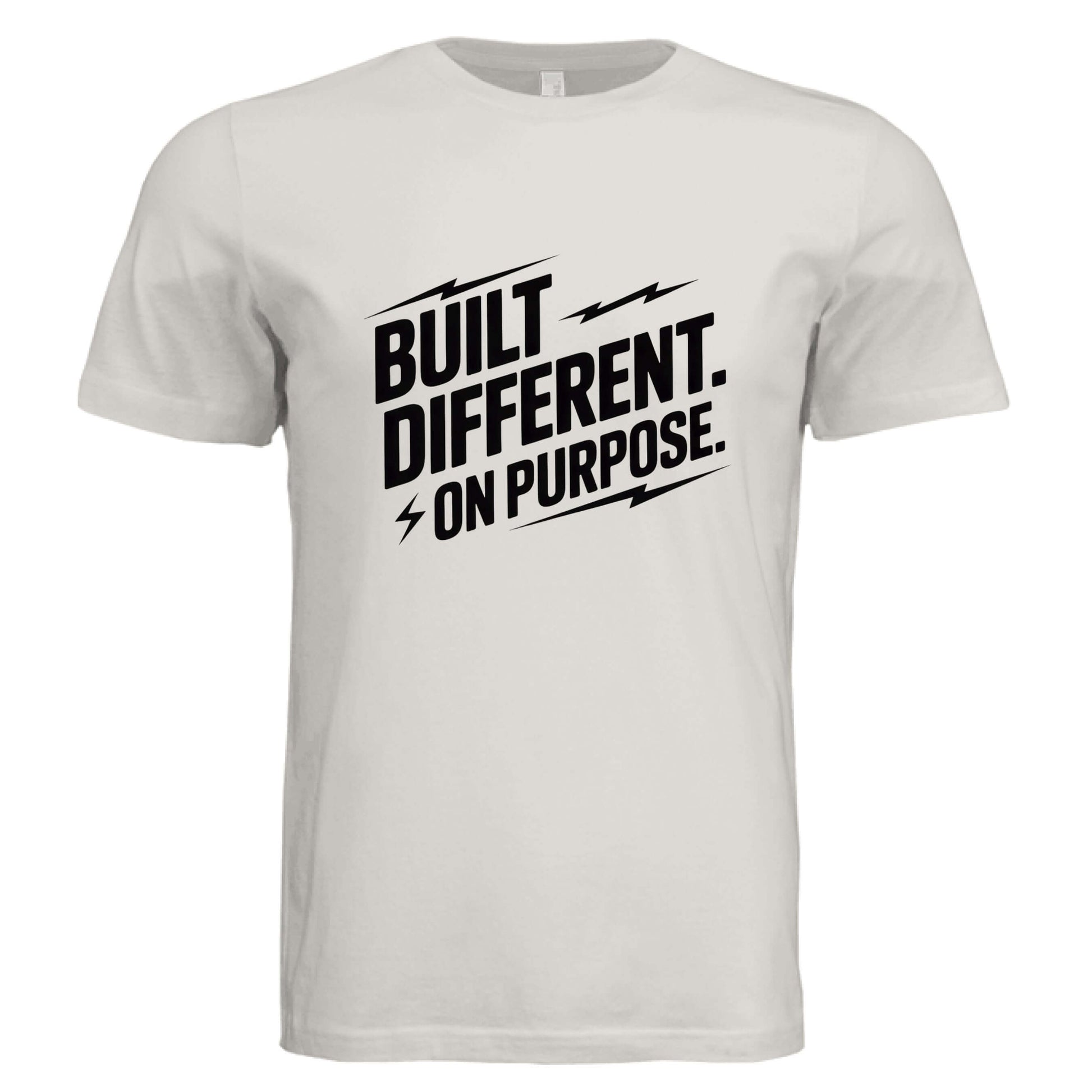 Built Different On Purpose Unisex T-Shirt featuring bold graphic text on a light background.