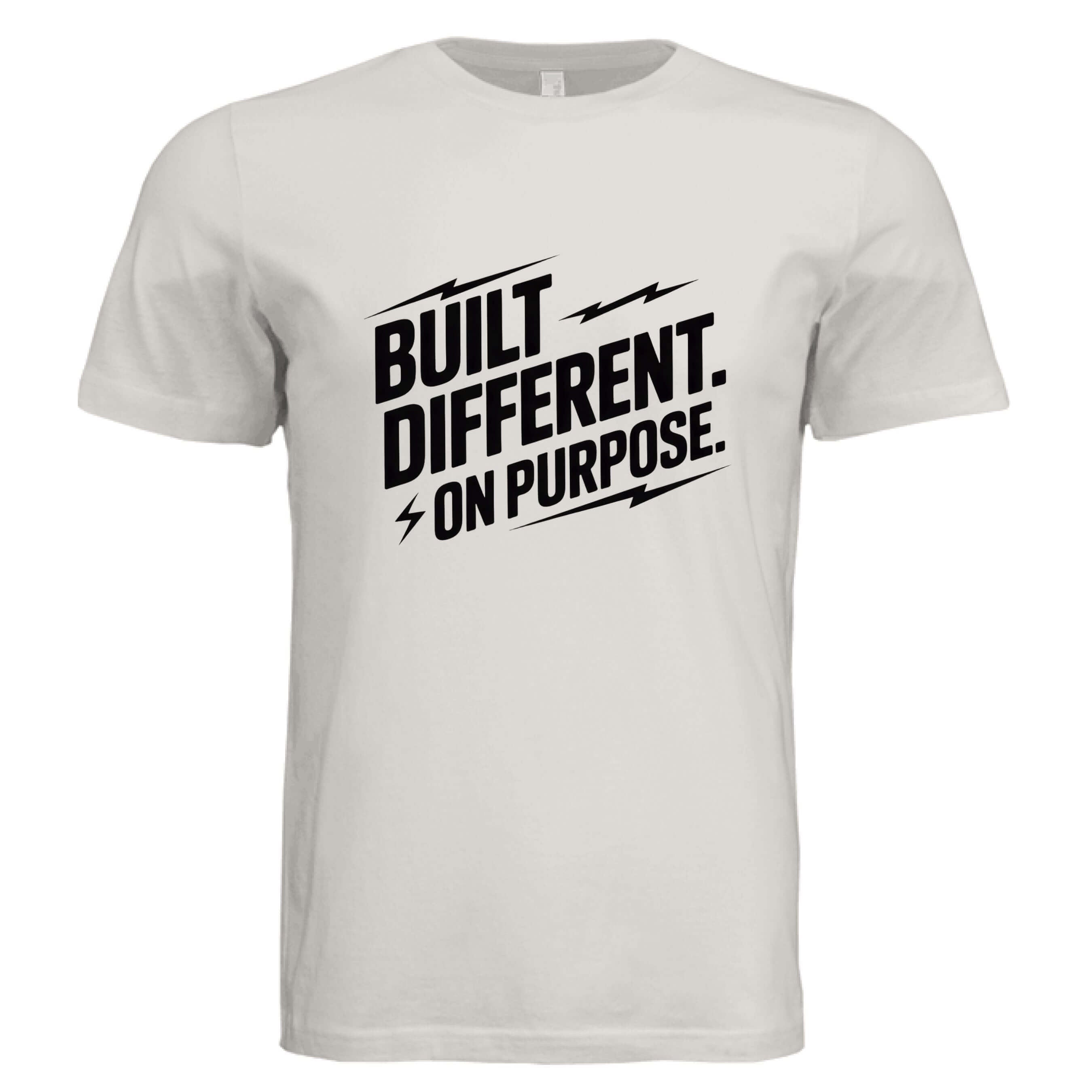 Built Different On Purpose Unisex T-Shirt featuring bold graphic text on a light background.