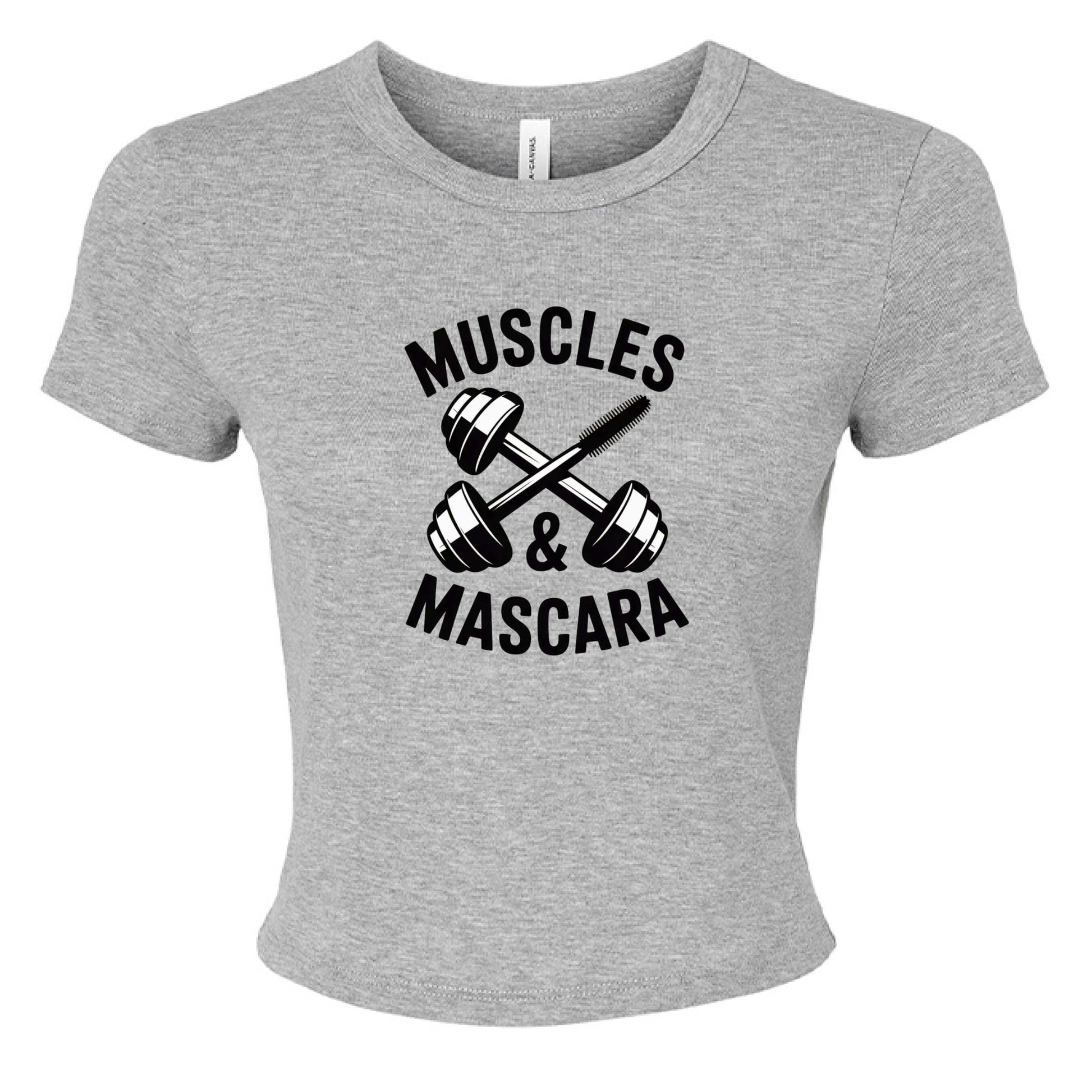 Muscles & Mascara Ladies Ribbed Baby Tee in heather gray with dumbbell graphic.