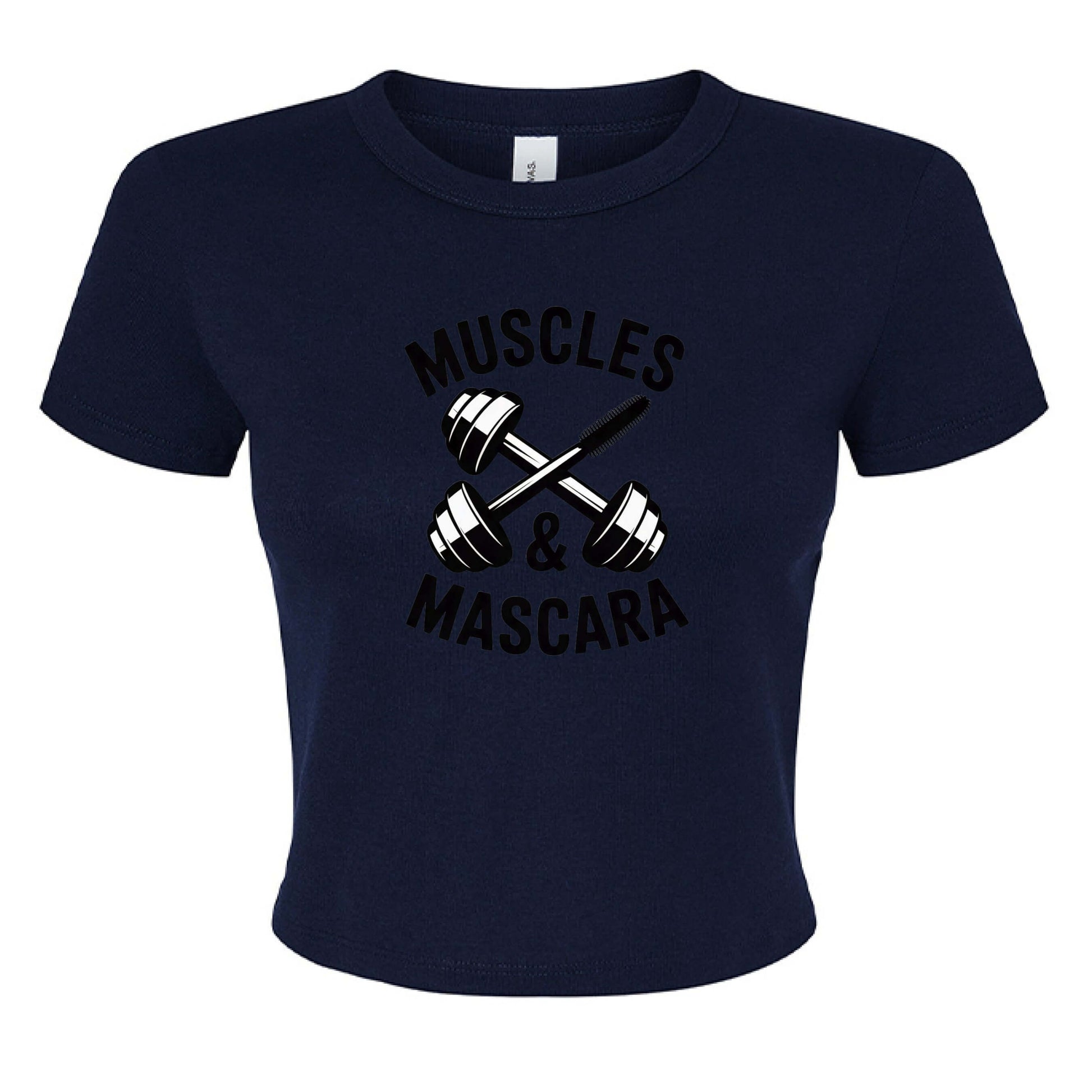 Muscles & Mascara Ladies Ribbed Baby Tee with dumbbell graphic on a navy shirt, perfect for casual workouts.