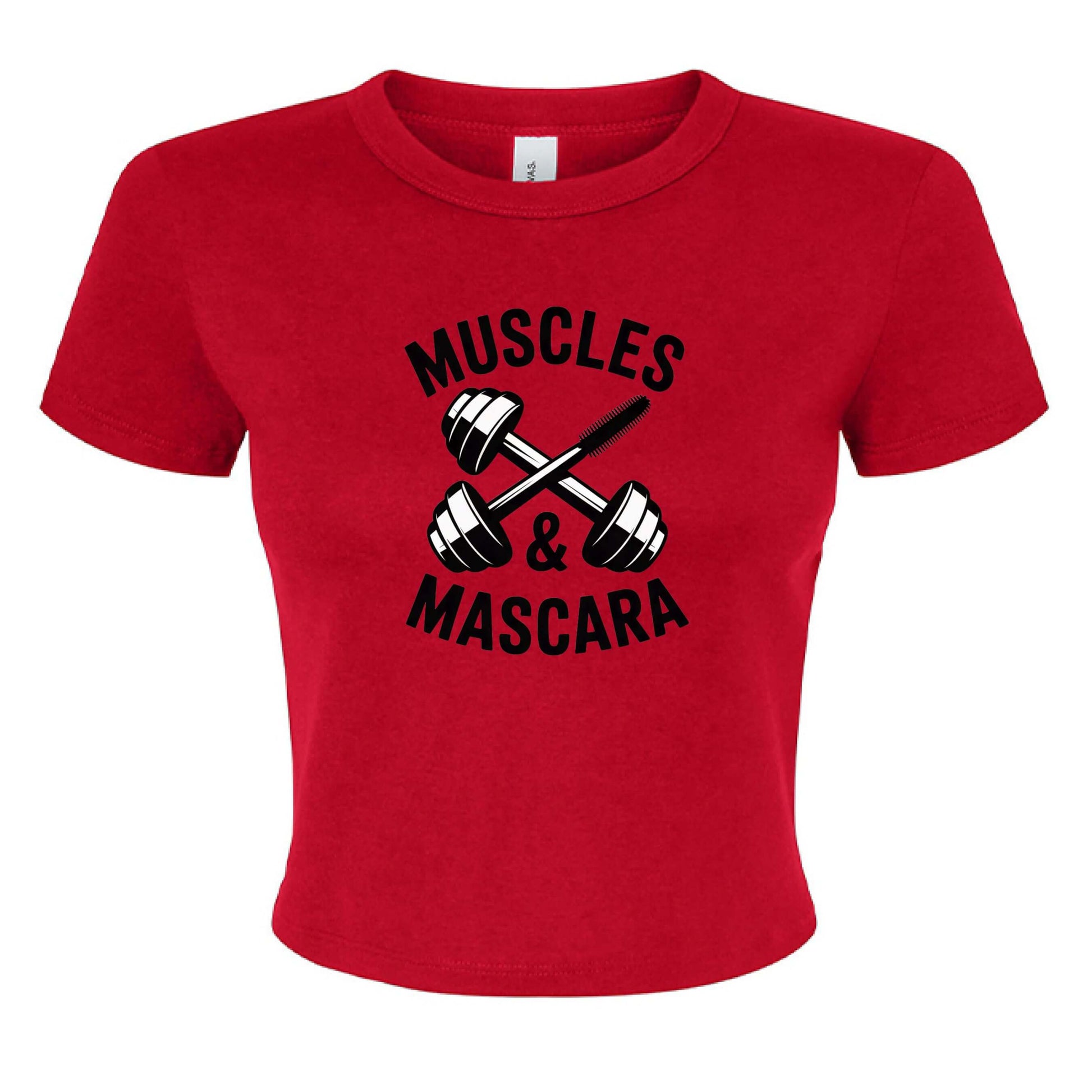 Muscles & Mascara Ladies Ribbed Baby Tee in red with dumbbell graphic and bold text design.