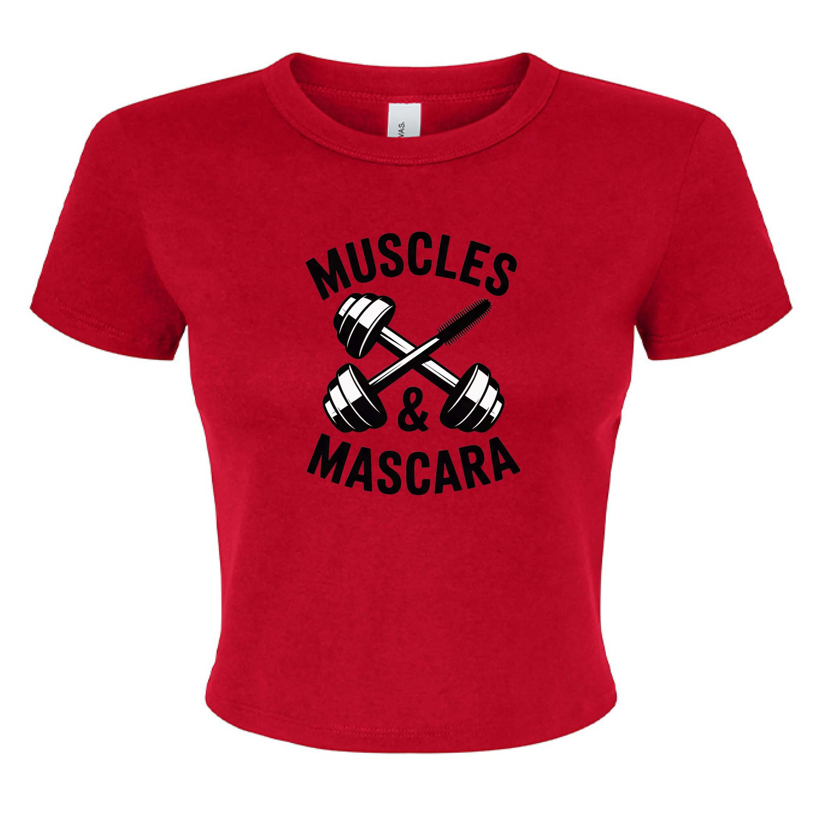 Muscles & Mascara Ladies Ribbed Baby Tee in red with dumbbell graphic and bold text design.