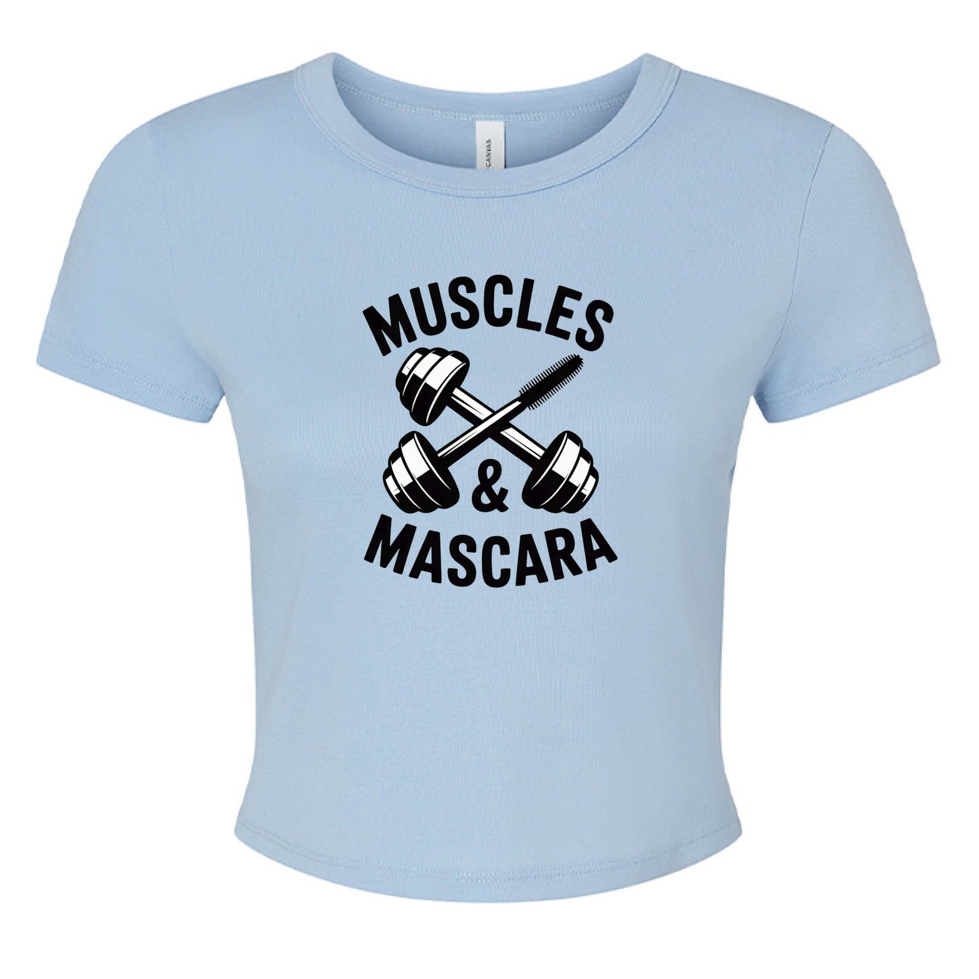 Muscles & Mascara Ladies Ribbed Baby Tee in light blue with dumbbell graphic design.