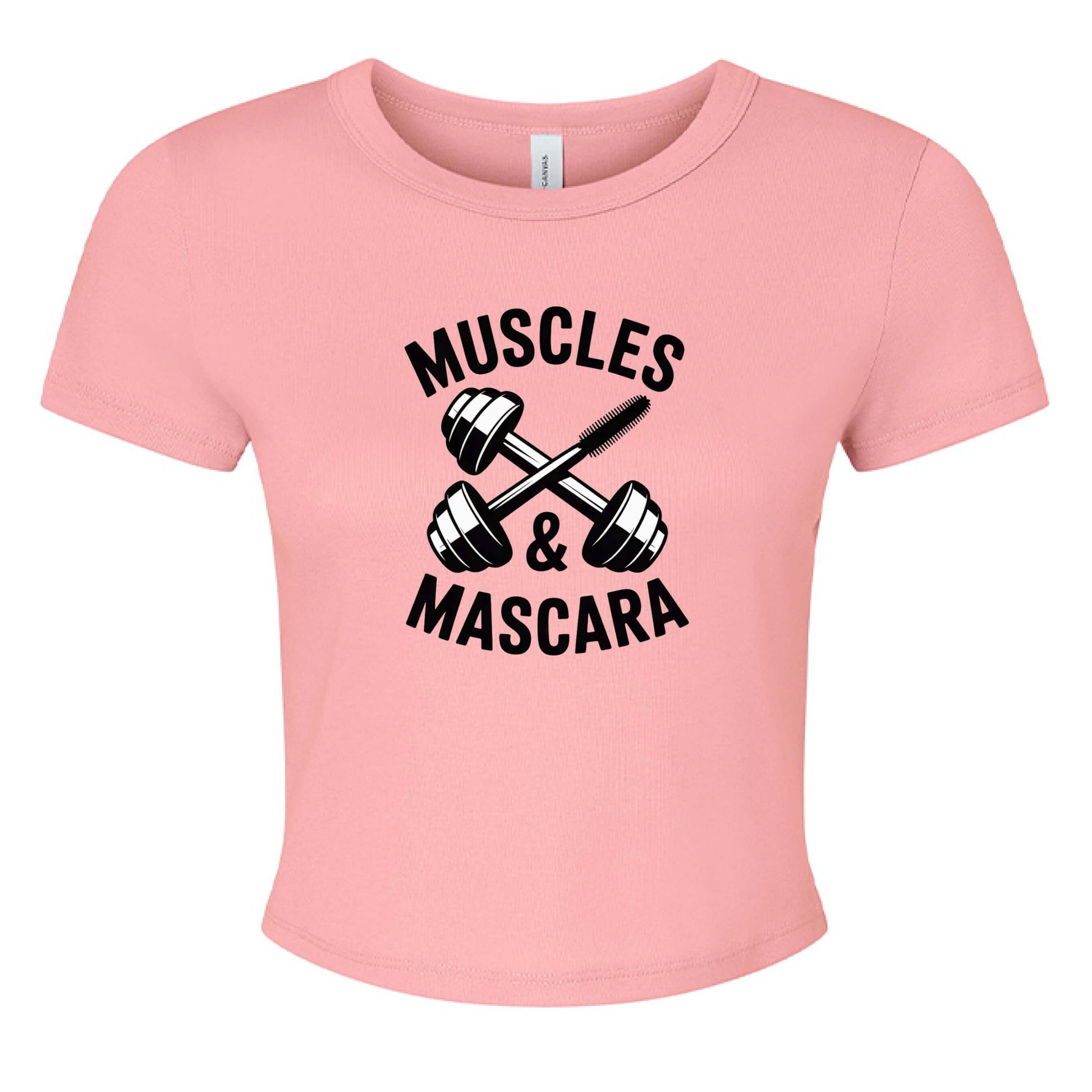 Muscles & Mascara Ladies Ribbed Baby Tee in pink, featuring a dumbbell and mascara design.