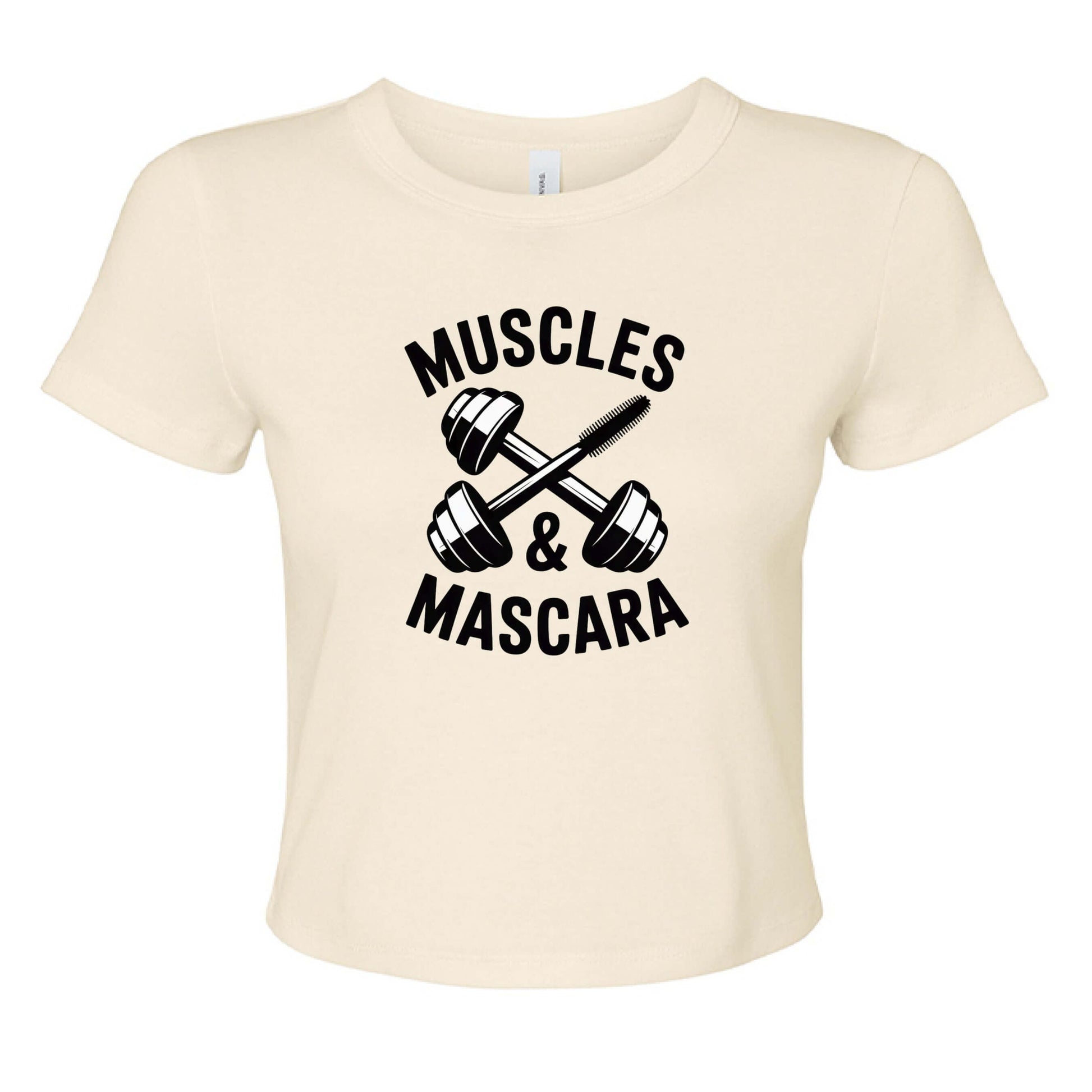 Muscles & Mascara Ladies Ribbed Baby Tee with dumbbells and mascara design on a cream short sleeve shirt.