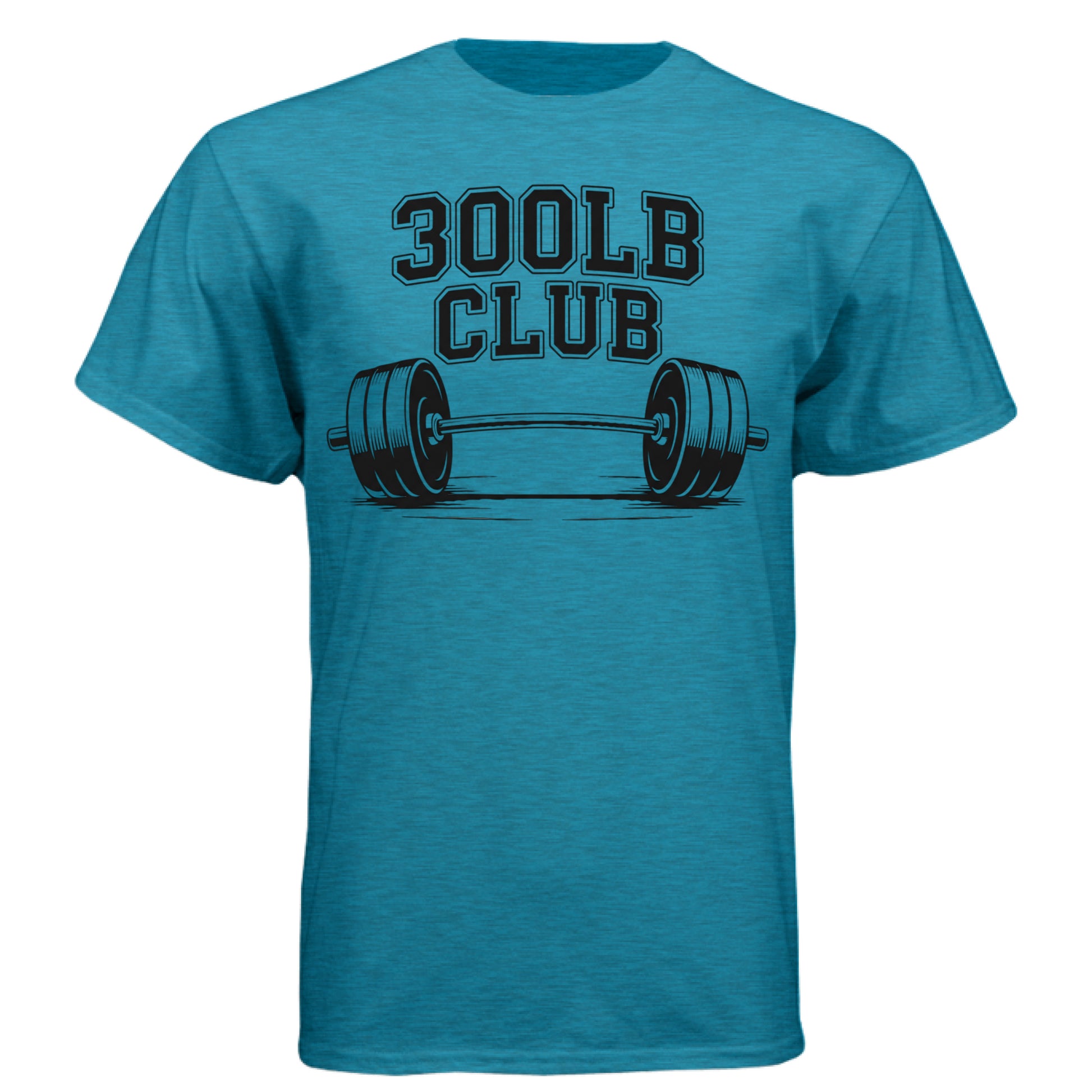 Performance Tee 300lb Club featuring a barbell graphic and bold lettering on a teal shirt.