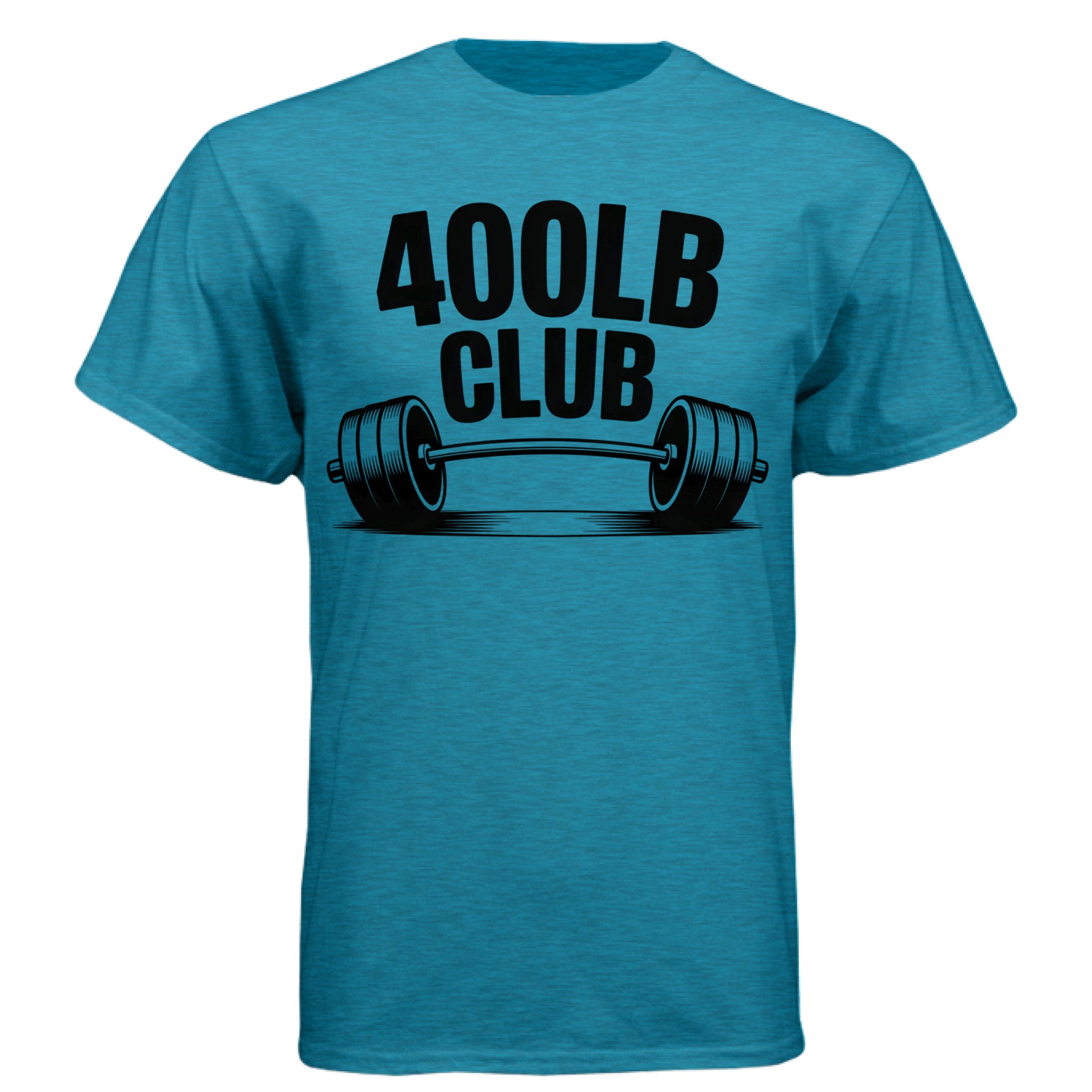 Performance Tee 400lb Club in blue color with bold 400LB CLUB print and barbell graphic.
