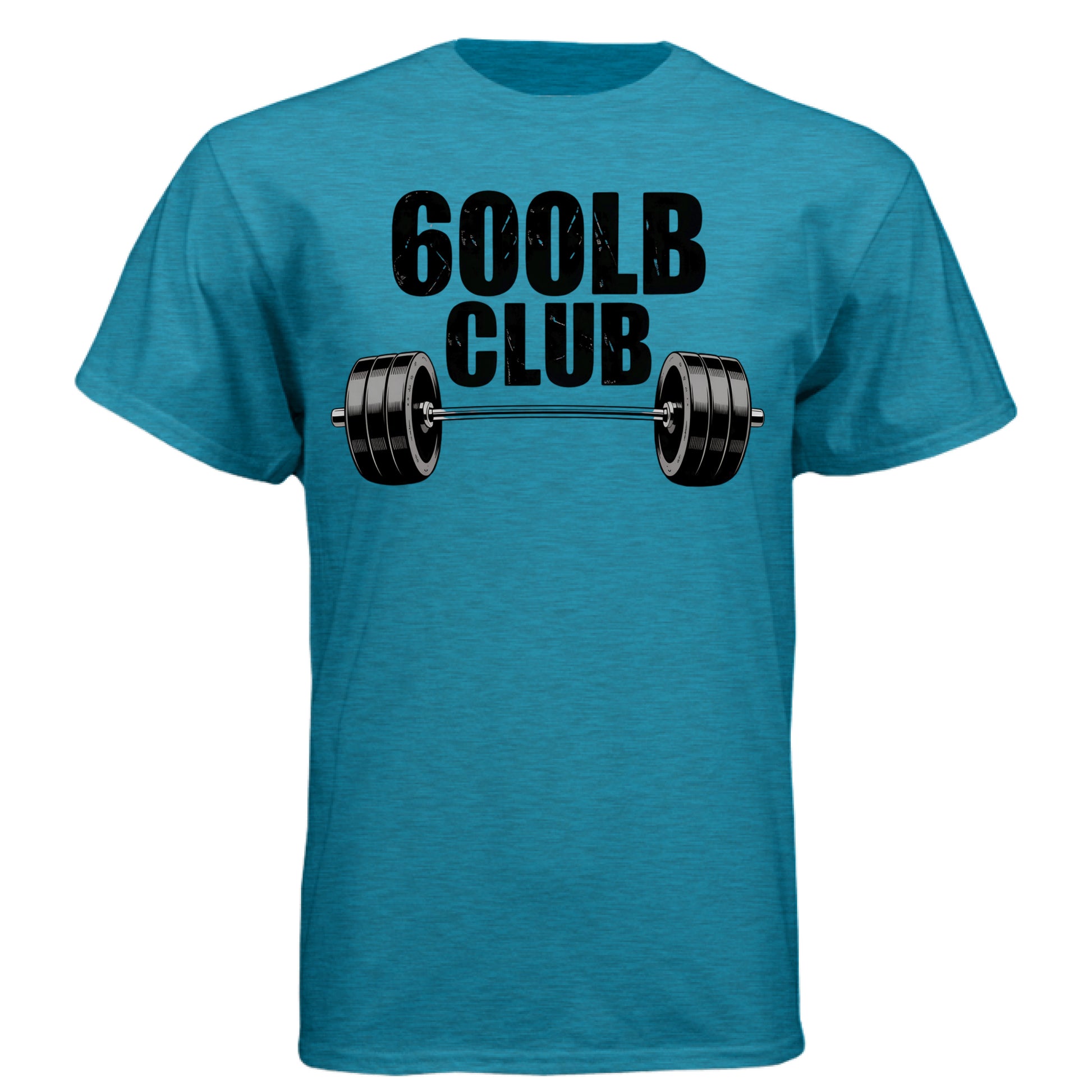 Performance Tee 600lb Club featuring a blue shirt with a bold 600LB CLUB graphic and barbell design.