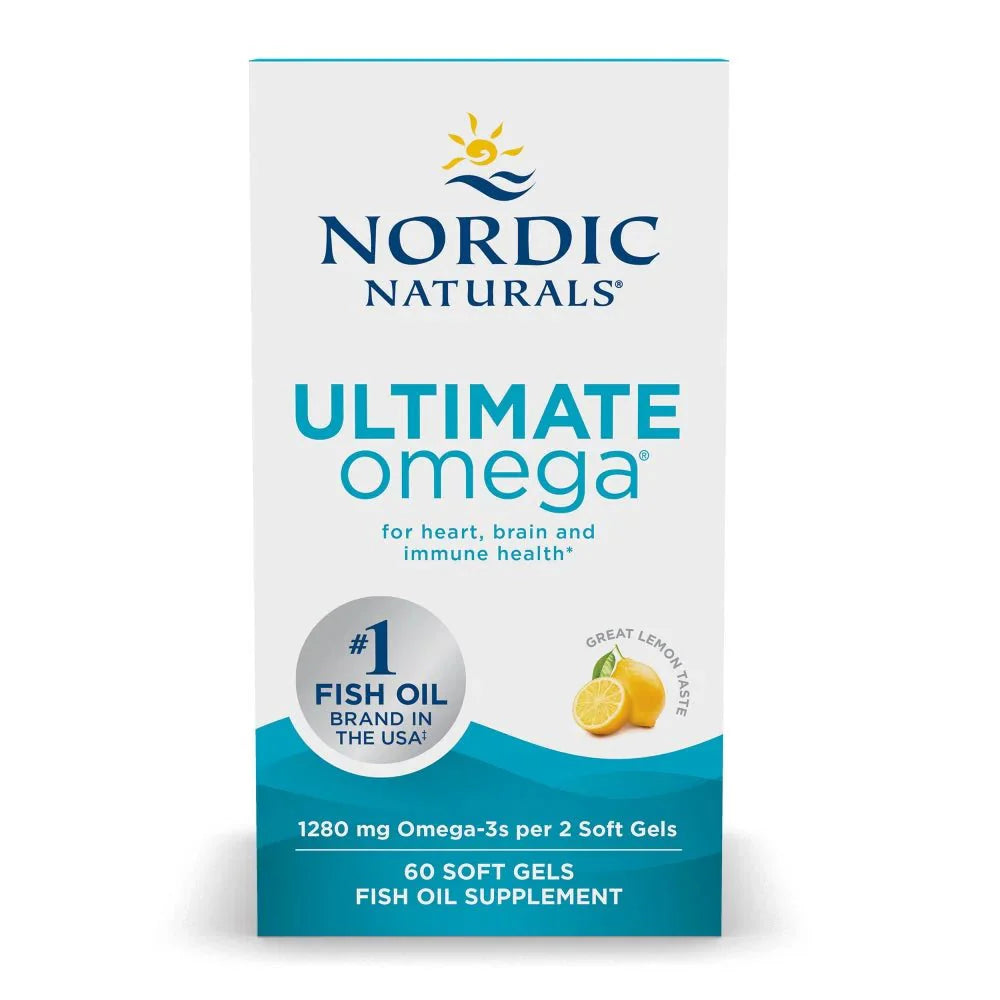 Nordic Naturals Ultimate Omega Lemon Flavor - 60Softgels packaging featuring lemon flavor and nutritional benefits.