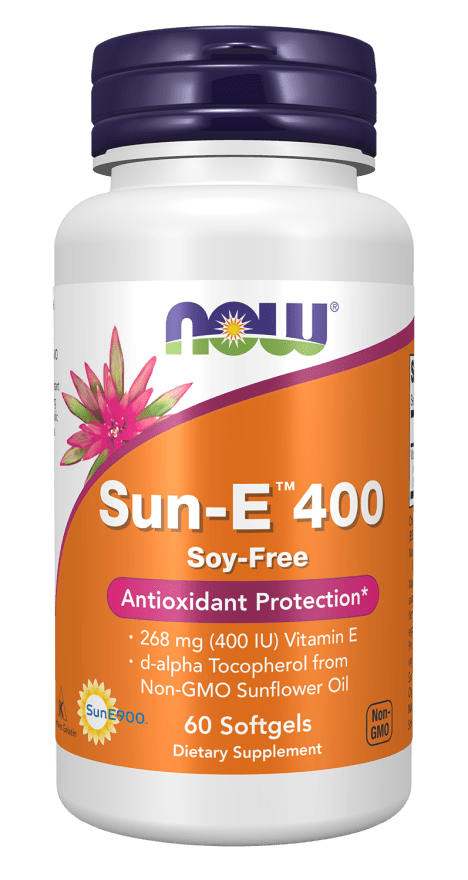 Now Sun-E 400 400IU Vitamin E - 60 Softgels bottle featuring antioxidant protection and soy-free labeling.