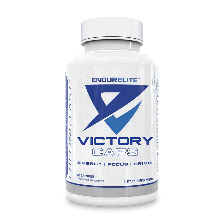 Nutrabio Endurelite Victory Caps 60 Caps bottle showing energy, focus, and drive for athletes.